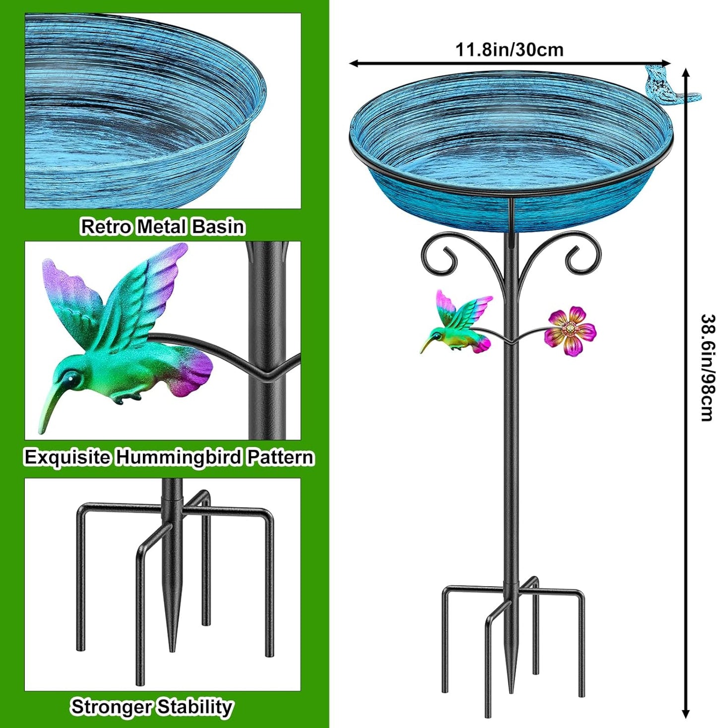Metal Bird Bath for Outside, Freestanding Garden Bird Baths Bowl, Vintage Birdbath for Outdoors Yard Garden Lawn Decor Decor (Vintage Blue)