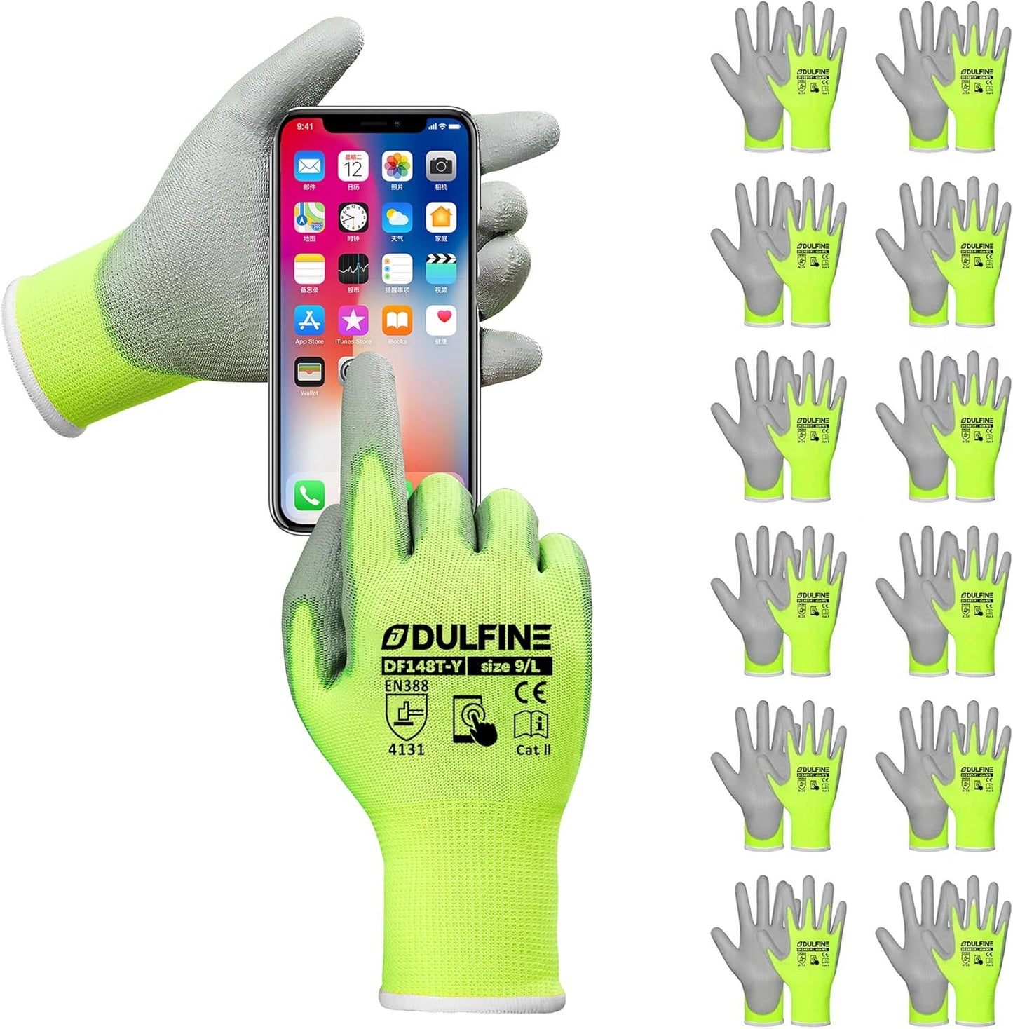 DULFINE Safety Work Gloves PU Coated for Men and Women-12 Pairs,Hi-Vis Seamless Knit Glove with Two Fingers Touchscreen,Ideal for General Duty Work (Large)