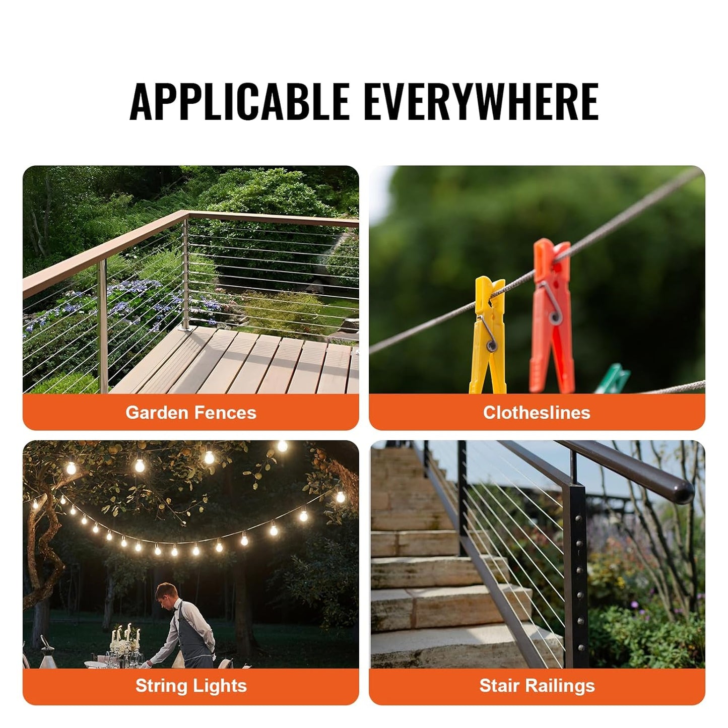 VEVOR 1/8 Stainless Steel Cable Railing Kit, 600 FT 316 Marine Aircraft Cable With Cutter and Gloves, 1600 lbs Breaking Strength, 7x7 Strands for Handrail Stair Decking Fence Outdoors