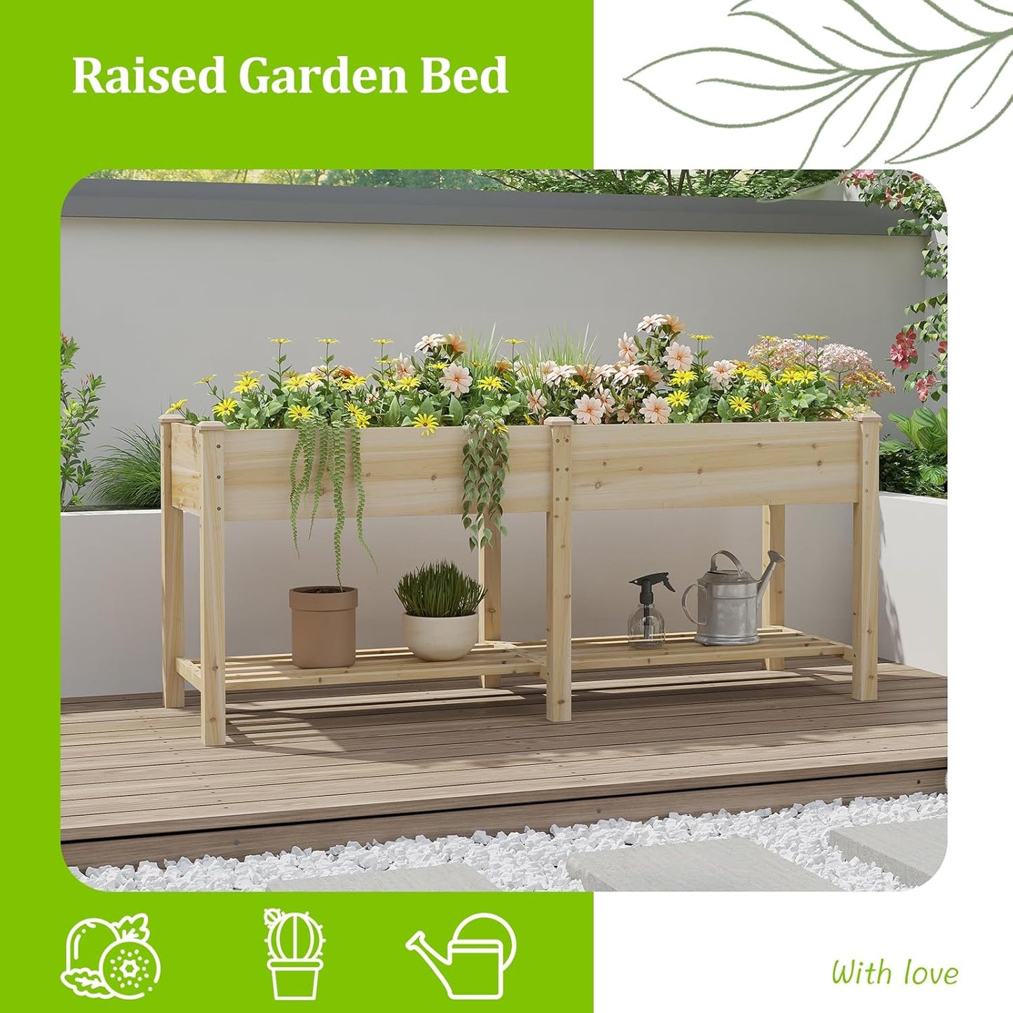 Raised Garden Bed, Planter Box with Storage Shelf, Elevated Wooden Box with Legs, Garden Planter for Backyard, Patio, Balcony, Natural Wood (Natural, L)