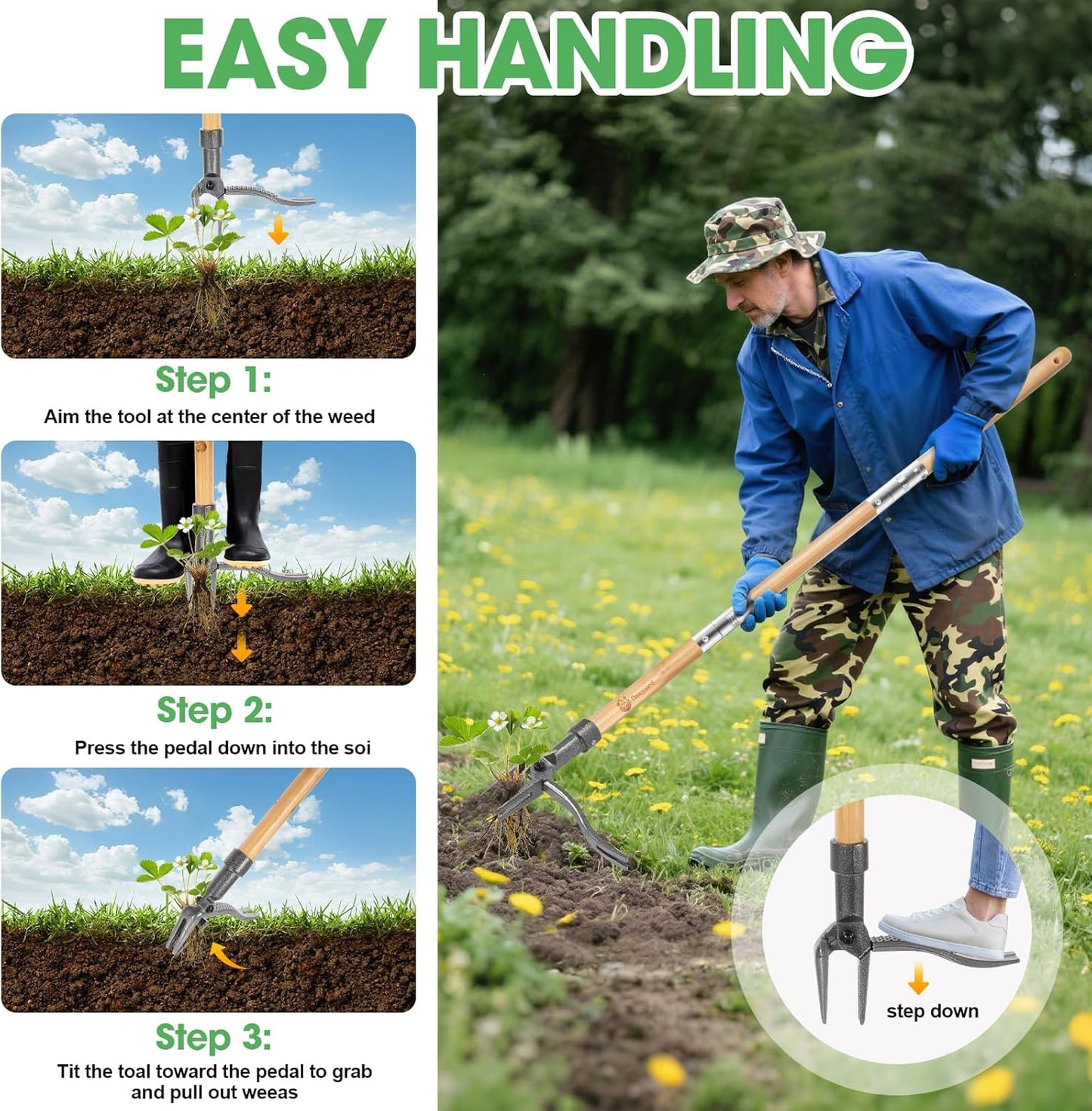 Weed Puller-The Original Stand Up Weed Puller Tool,Adjustable 44-31.5" Bamboo Handle with Heavy Duty 4-Claw Cast Steel Head - Foot Step Design, No Bending Required - Garden & Yard Weeder