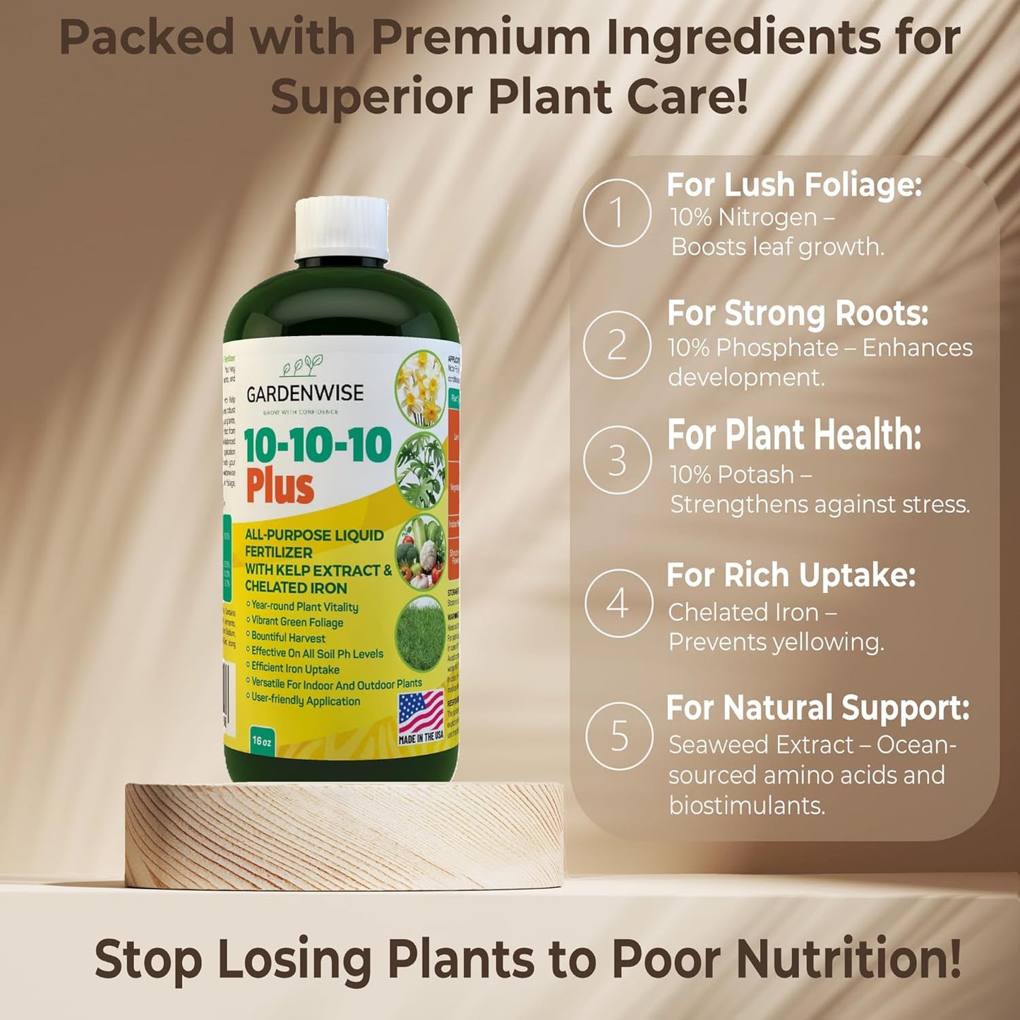 10-10-10 All Purpose Plant Food - Liquid Fertilizer with Seaweed Kelp & Iron - Indoor & Outdoor Plant Food, Vegetables, Flowers, Lawn & Garden 1x16 oz