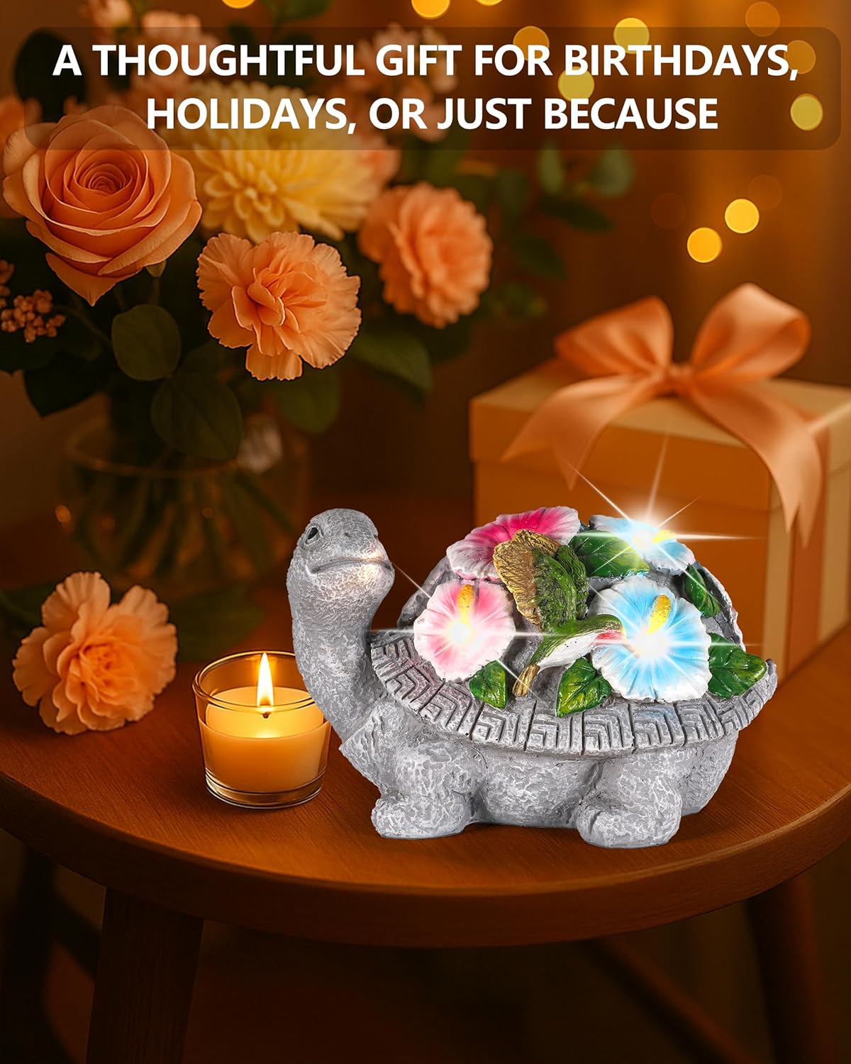 Solar Turtle Figurine Lights with Hummingbird Flower 5.5-inch – Garden Statue for Outdoor Yard Decorations, Lawn Ornaments, Balcony Decor – Ideal Gift for All Occasions (Turtle)