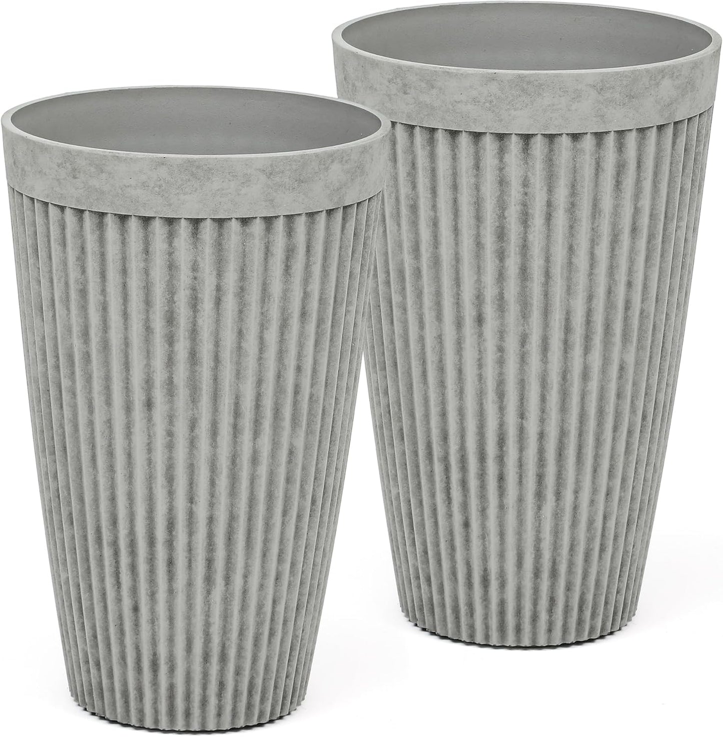 20" Resin Tall Planters for Outdoor Plants, Set of 2 Vintage Gray Large Flower Pots with Handmade Fluted Texture, Heavy-Duty and Weather-Resistant for Year Round Indoor Outdoor use