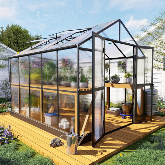 HOWE 8x10x7.5 FT Polycarbonate Greenhouse Double Swing Doors 2 Vents 5.2FT Added Wall Height, Walk-in Large Aluminum Greenhouse Sunroom Winter Greenhouse for Outdoors, Black (54FG-5)