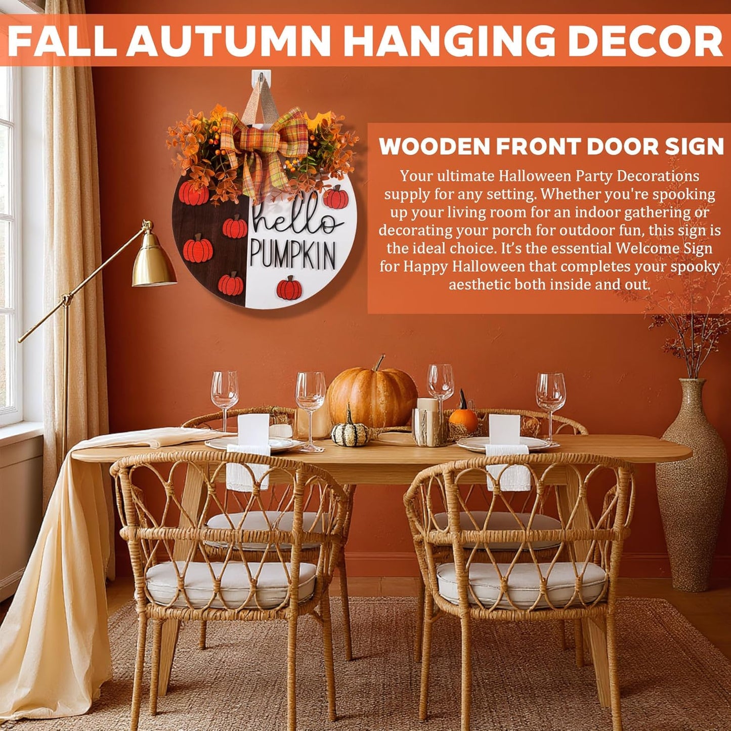 Hello Pumpkin Wooden Door Hanger Fall Outdoor Wreath with Bow & Wreath | Thanksgiving Fall Front Door Decor | Rustic Harvest Farmhouse Sign for Porch, Wall | Indoor Outdoor Autumn Home Decor