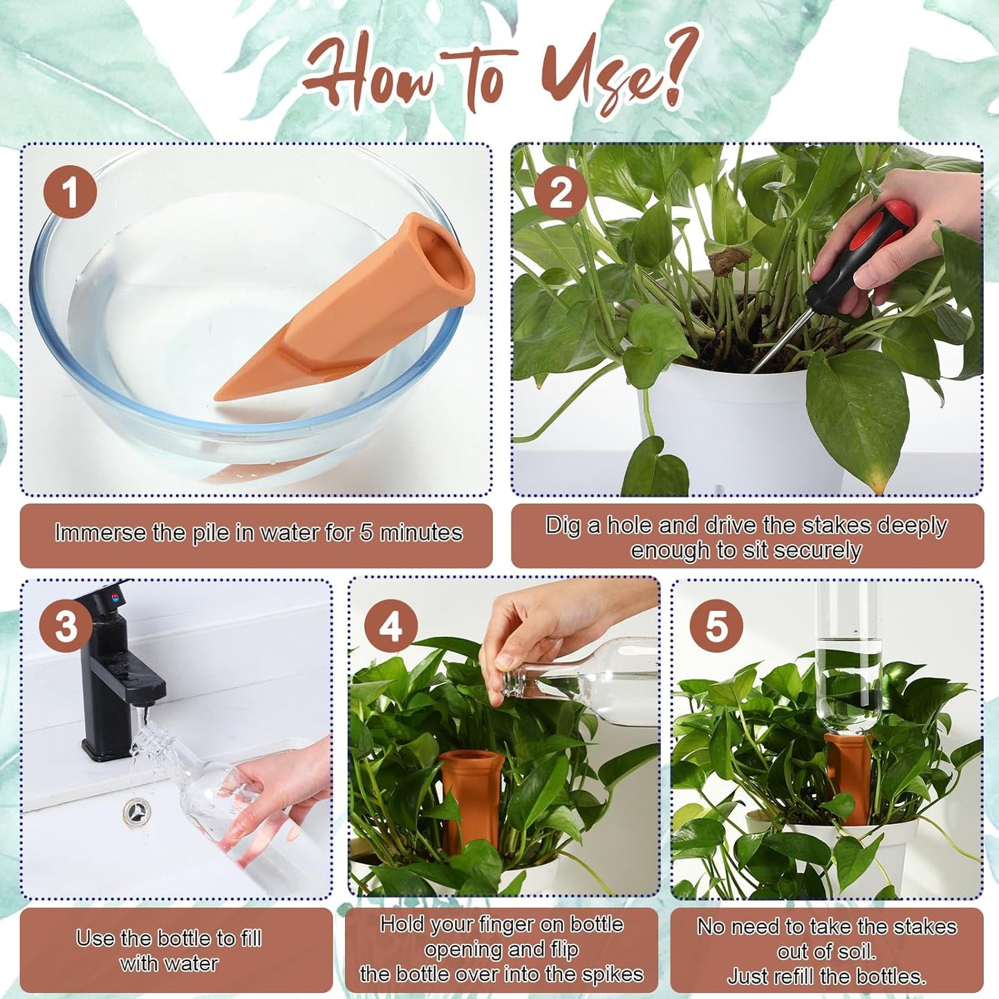 6 Sets Plant Watering Devices Include Terracotta Self Watering Spikes and 26 oz Plastic Bottles, Slow Release Vacation Insert Automatic Plant Waterer Device (Green Clear Brown and Terracotta)