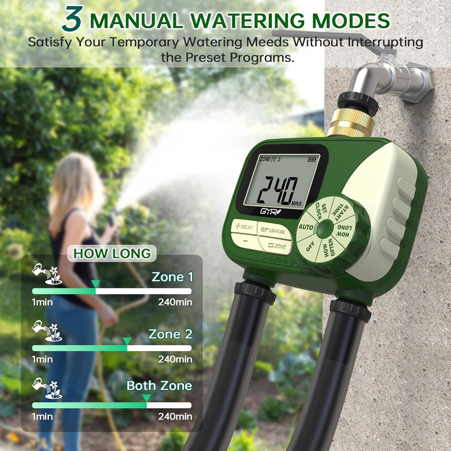 GMR Hose Timers for Watering, Sprinkler Timer Outdoor with Brass Inlet, Water Timer for Garden Hose with Rain Delay/Manual/Auto Irrigation System, Programmable Garden Hose Timer for Yard, 2 Outlet