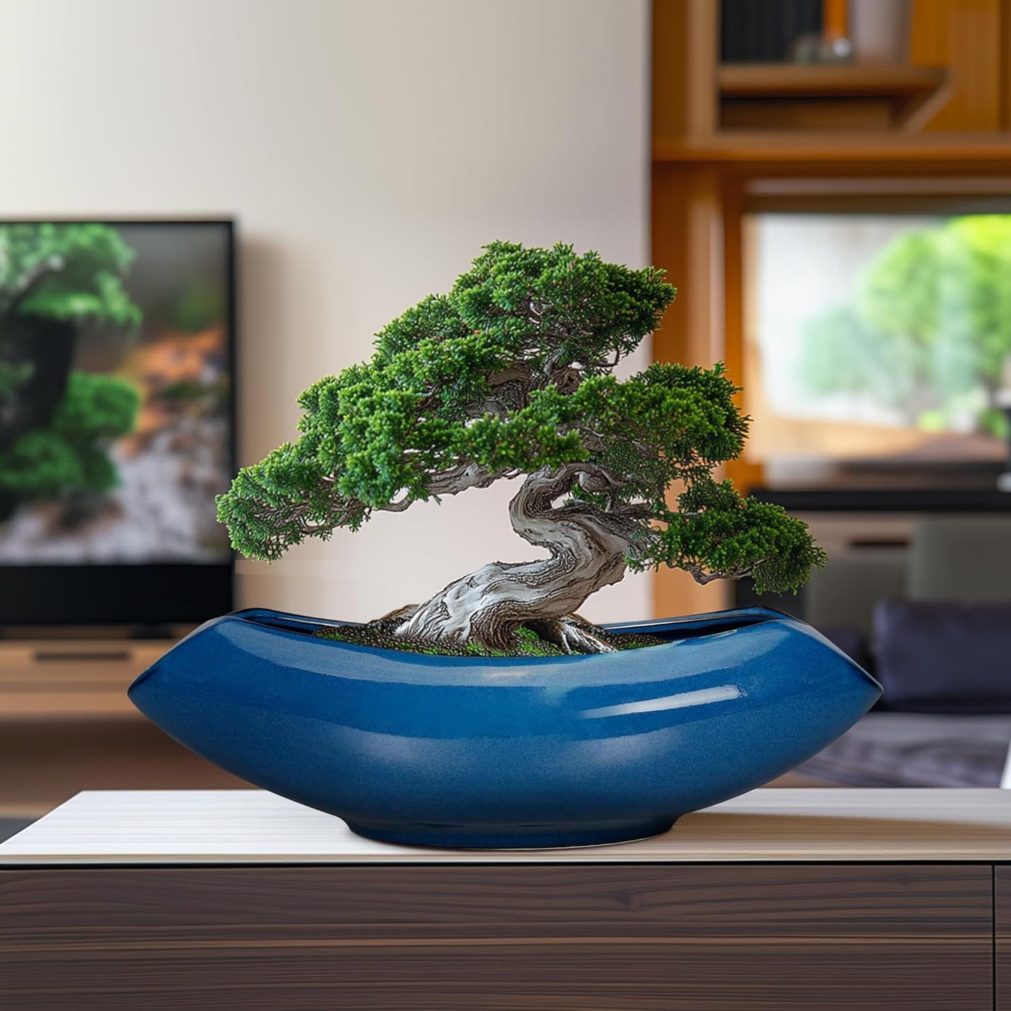 Bonsai Tree Pot 18 Inch - Ceramic Succulent Pots Large Bonsai Planter for Indoor Outdoor Plants Decorative Plant Pot with Drainage Hole Flower Pot for Home Garden Room Decor Blue