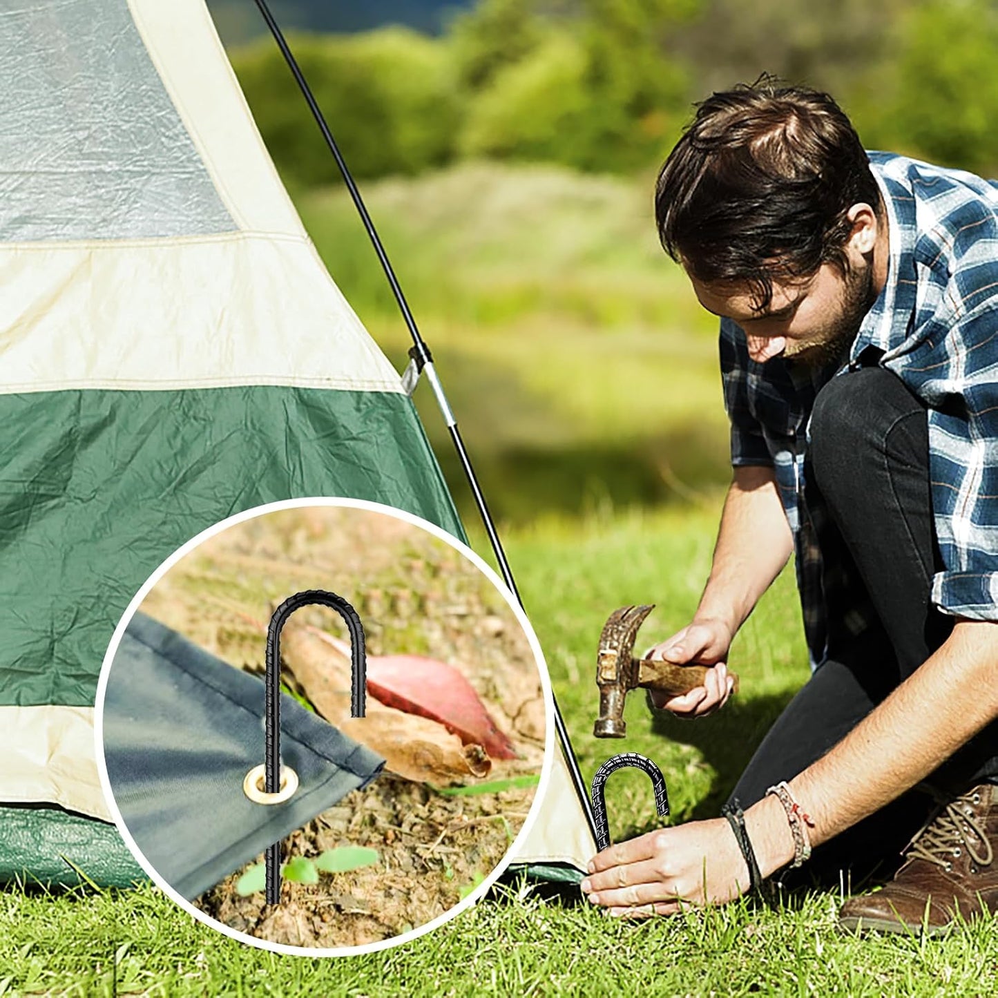 Rebar Stakes 12 Inch, Ground Stakes Heavy Duty J-Hook Black Coated Anti-Rust Heavy Duty Ground Anchors for Garden Dog Fence Chicken Coop Christmas Decorations Deer Fence 15pcs