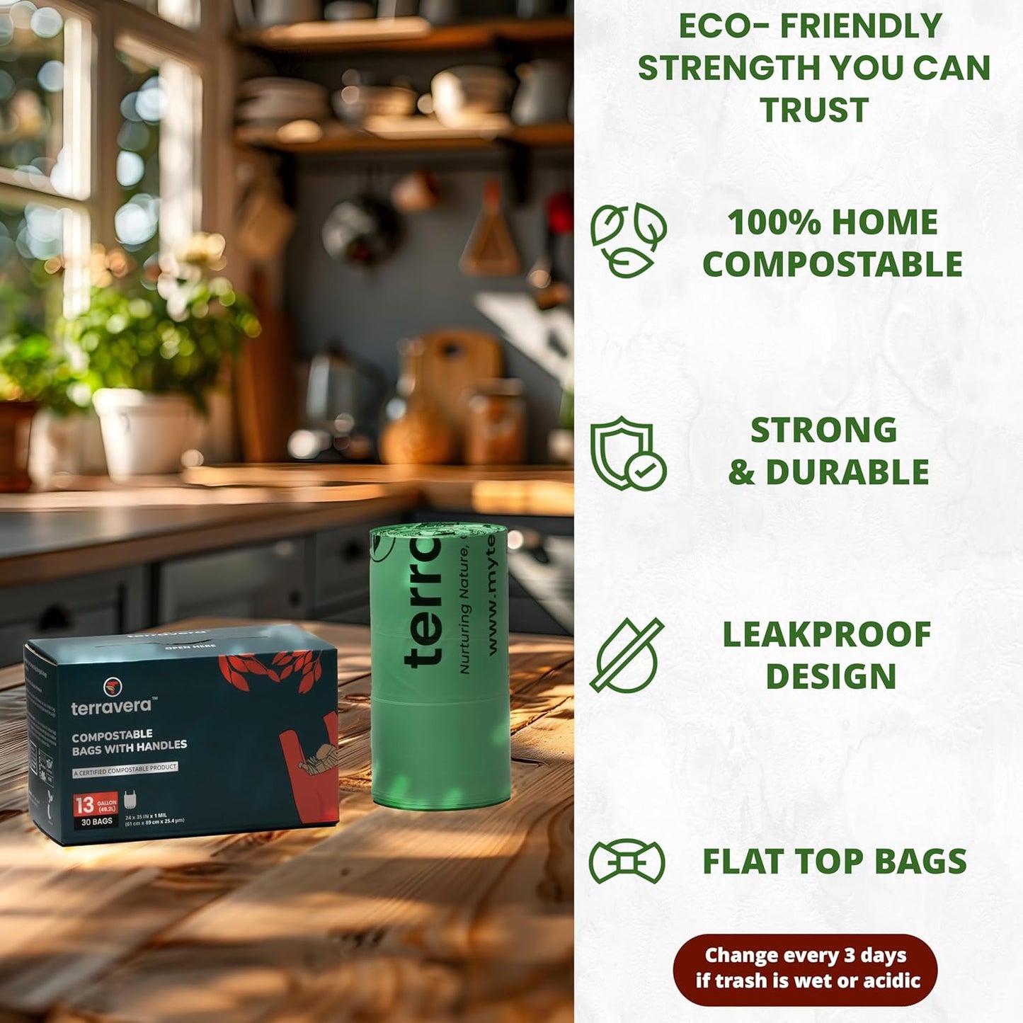 Compostable Trash Bags with Handles | BPI & OK Home Certified ASTM D6400 Standards | Heavy Duty Kitchen & Yard Waste Bags (13 Gallon Flat Top, 50 Count)