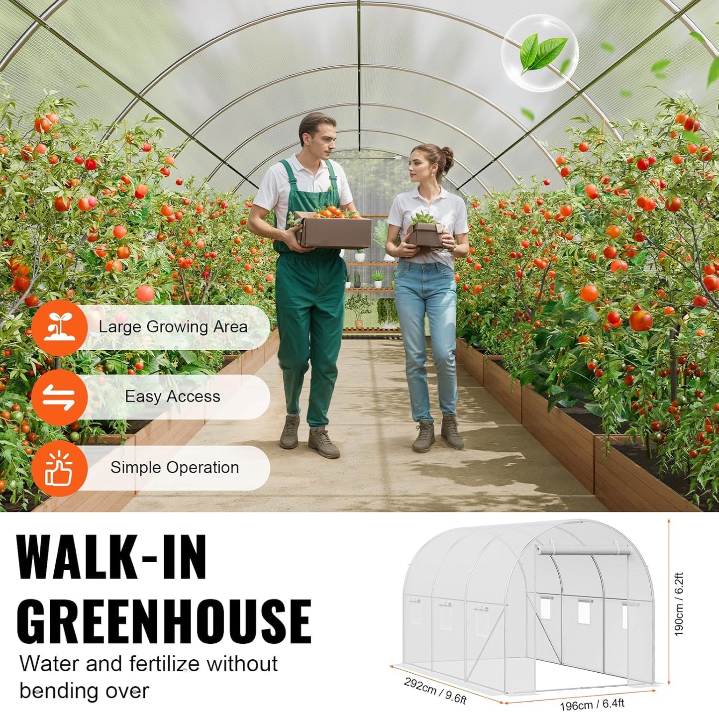 VEVOR Walk-in Tunnel Greenhouse, 9.6x6.4x6.2 ft Hoop House Greenhouse Tunnel, Plant Hot House with Galvanized Steel Frame, White PE Cover, Roll-up Zipper Door and 6 Windows for Outdoor