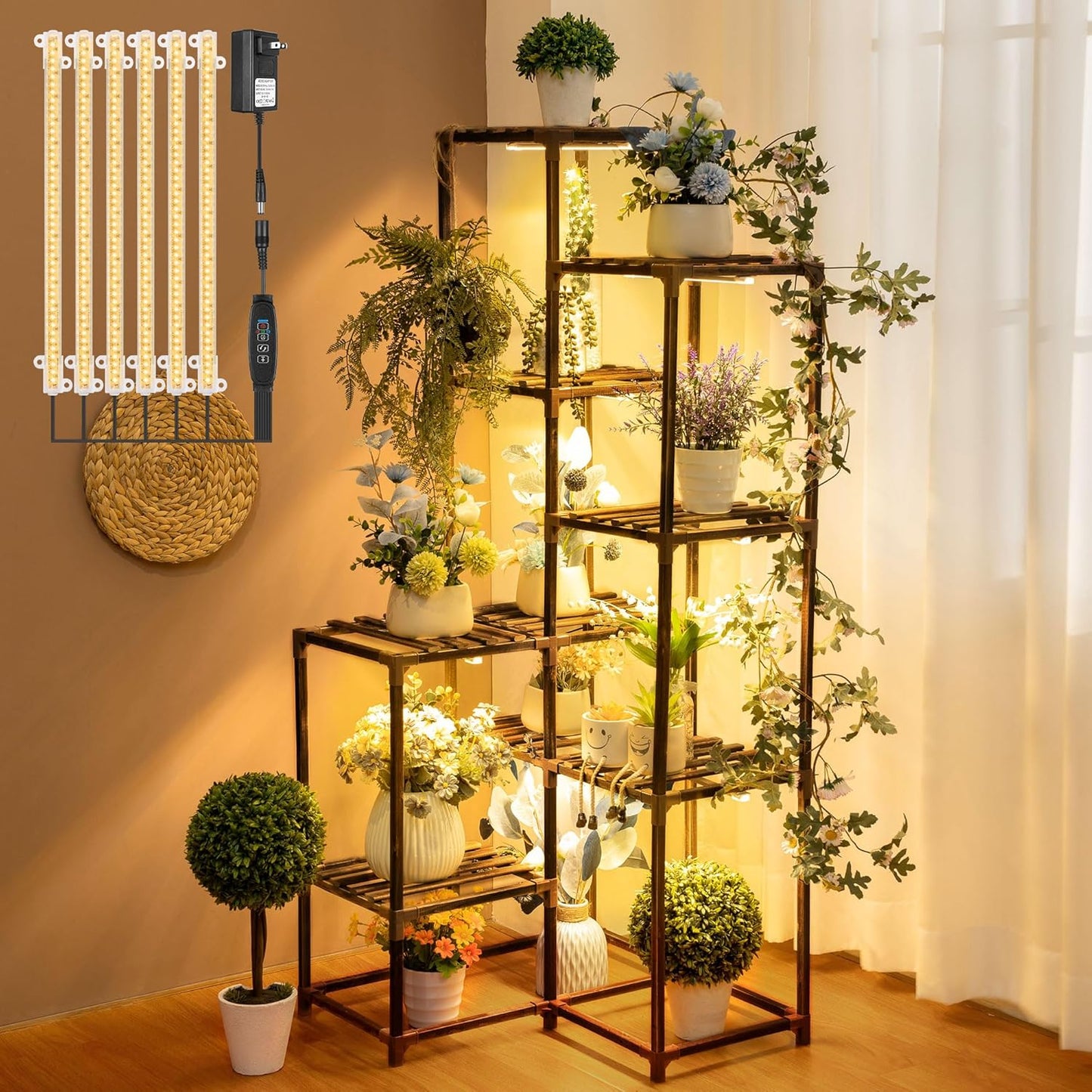 Dreyoo Plant Stand with Grow Lights, Wood Plant Shelf with Full Spectrum Grow Lamp for Indoor Corner, Vintage Multi Layer Lighted Stand for Living Room Balcony Display(12 Tiered Shape)