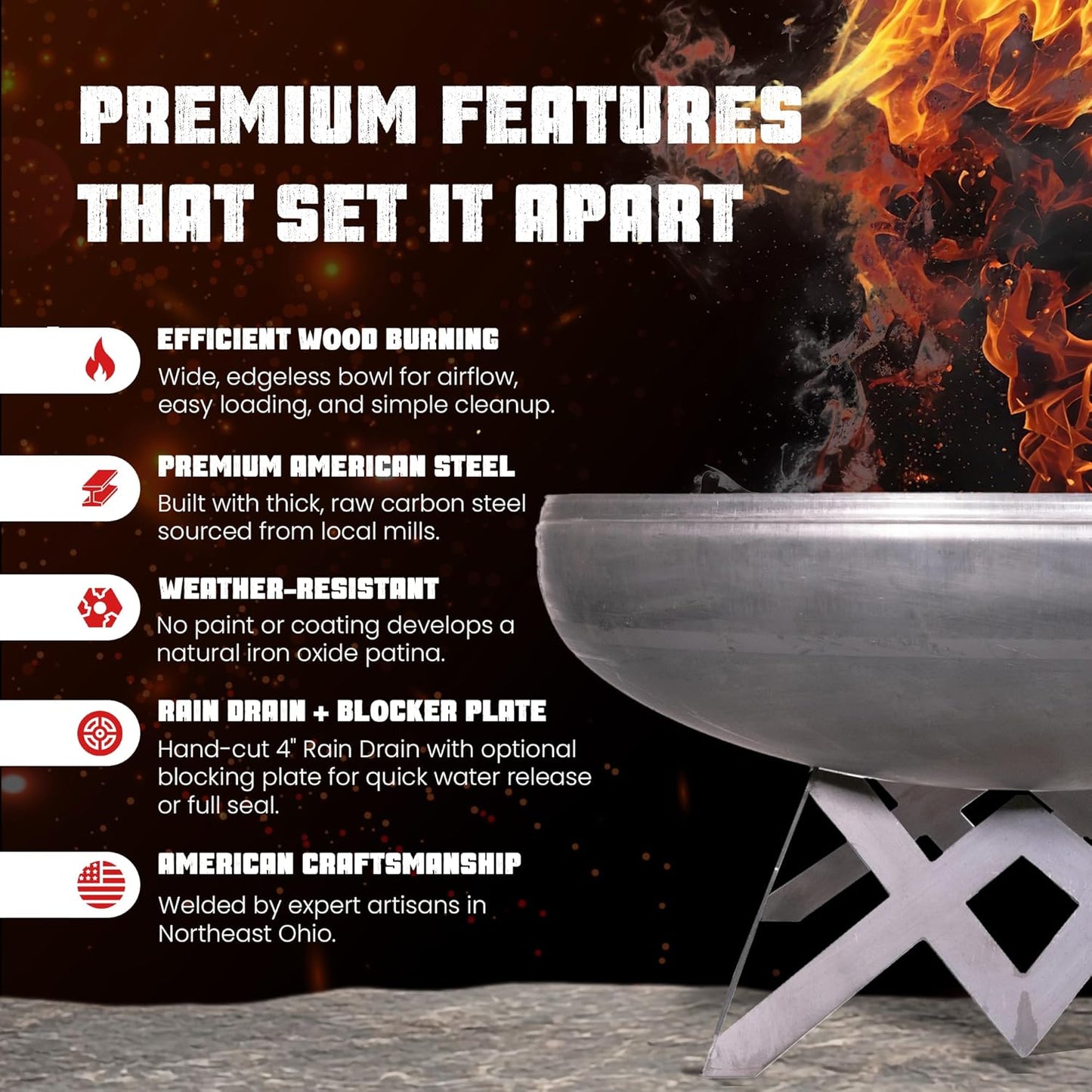 Liberty Fire Pit – Ohio Flame Wood Burning Outdoor Fire Pit - 36" Diameter with Angled Base (Made in USA)