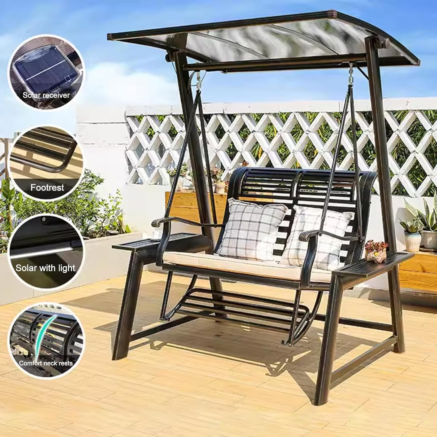2/3-Seat Outdoor Patio Porch Swing with Adjustable Aluminum Alloy Canopy Solar Patio Swing Chair Bench with Footrest Side Cup Holder for Backyard Lawn (Heart of Ocean-2 Seat)