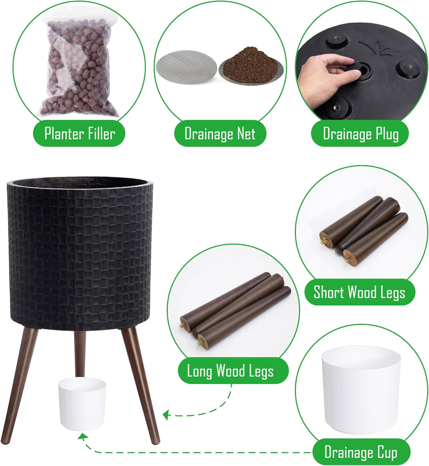 D'vine Dev 14 Inch Modern Geometric Tile Patterned Sleek Planter Pot with Stand, Indoor Outdoor Decorative Plant Holder, Distressed Black, 88-Z-D-5