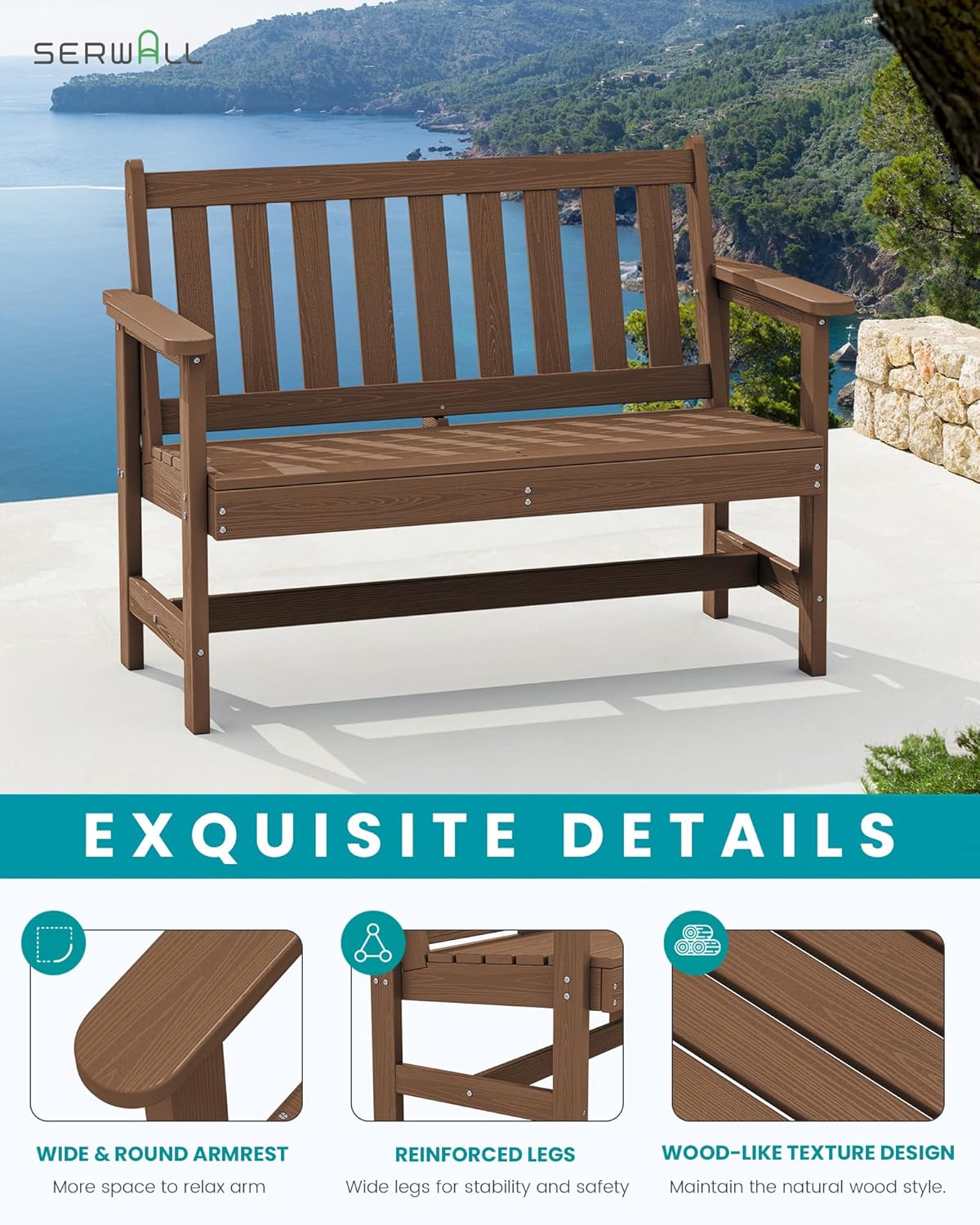 SERWALL Outdoor Bench, HDPE Outdoor Benches Weatherproof, 2-Person Garden Bench with 660 lbs Weight Capacity, Patio Benches for Outdoors, Garden, Porch, Backyard and Park, Brown, 2 Pack