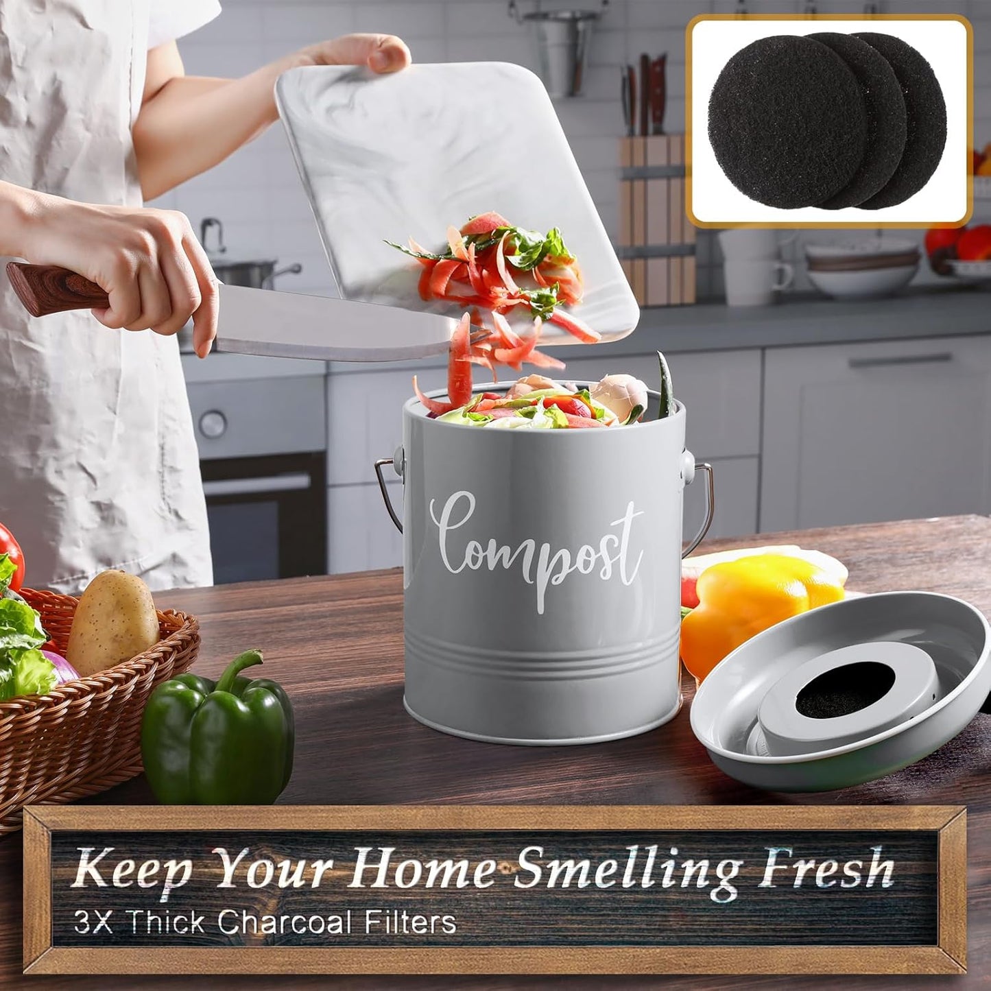Gray Compost Bin Kitchen, 1.3 Gallon Farmhouse Kitchen Compost Bin Countertop with Lid and Charcoal Filters, Indoor Compost Bucket for Decor and Accessories