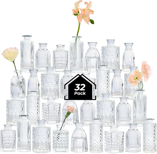 ComSaf Glass Bud Vases Set of 32, Small Clear Bud Vases in Bulk, Mini Flowers Vases for Centerpieces, Vintage Bottle Set for Table Decorations, Wedding Decor, Recepetion, Home, (Clear)
