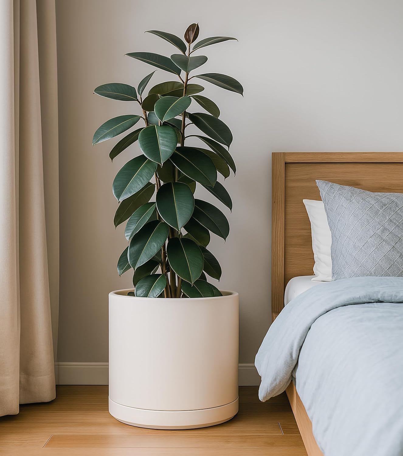 D'vine Dev 14 Inch Ceramic Planter Pot with Drainage Hole and Saucer, Indoor Cylinder Round Planter Pot, Oatmeal, 94-O-G-8