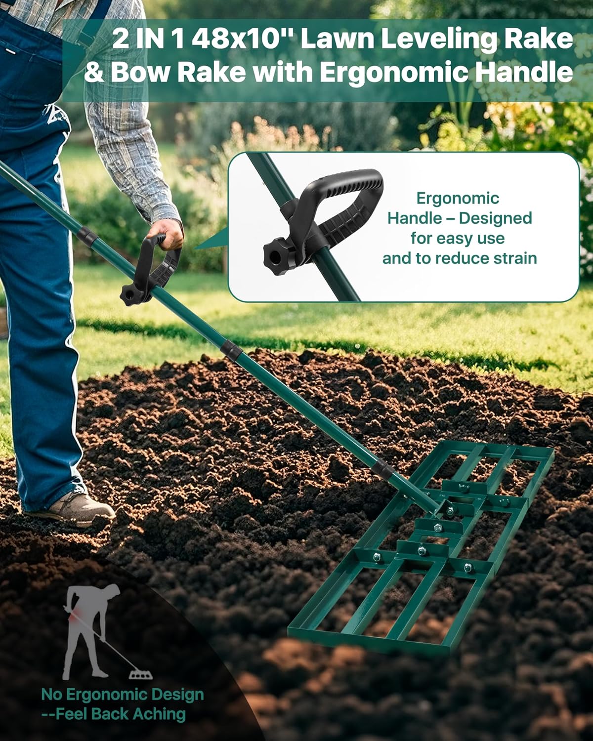 Lawn Leveling Rake 48x10'', Yard Leveling Rake with 78'' Back-Saving Adjustable Handle, Stainless Steel Lawn Leveler Tool with 17'' Tines Head for Garden, Backyard, Farm, Golf Course