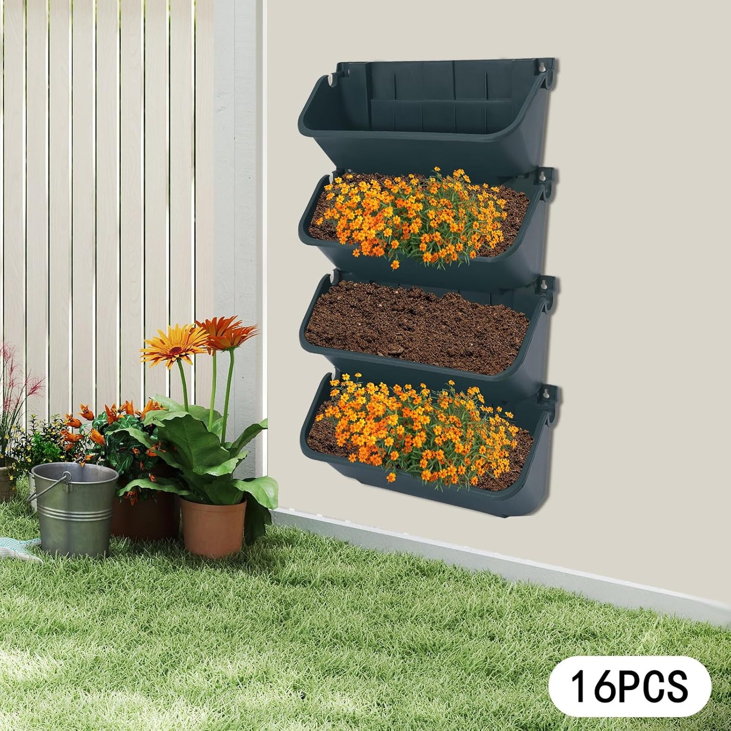 16-Pot Vertical Wall Planter, Self-Watering Stackable Planters for Indoor & Outdoor Use, Perfect for Herbs, Flowers & Vegetables (16, Green)