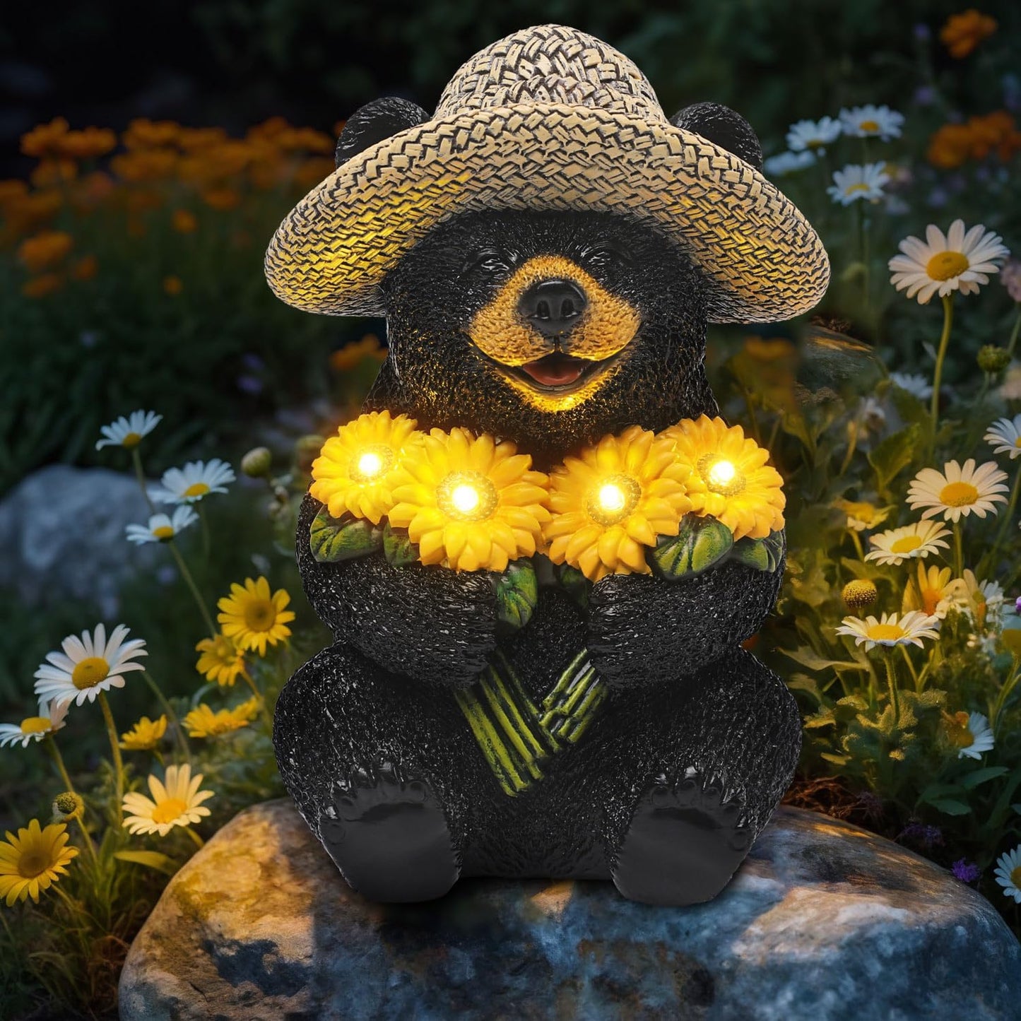Solar Garden Decor Statues 7.5" Resin Black Bear Figurines with Sunflowers Featuring Straw Hat Waterproof Bear Decor for Outside Yard Patio Porch Decoration Gift for Mom Grandma