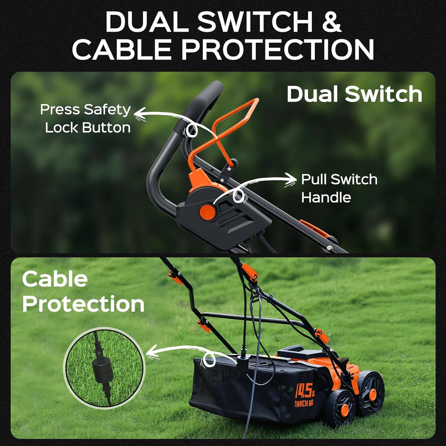 2025 Upgrade 16-Inch 15.5 Amp 2-in-1 Electric Dethatcher and Scarifier with 14.5-Gallon Collection Bag, Lawn Dethatcher with 5-Position Depth Adjustment, Keeps Lawn Healthy – Bright Orange