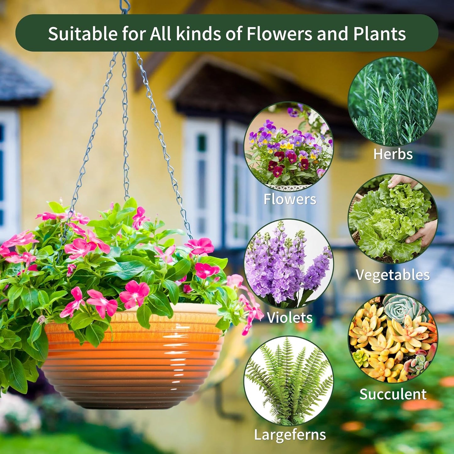 12 inch Hanging Planters for Indoor Outdoor Plants, 2 Pack Large Hanging Flower Pots with Drainage Holes and Chain, Glazed Hanging Baskets for Home Garden Decoration, Orange