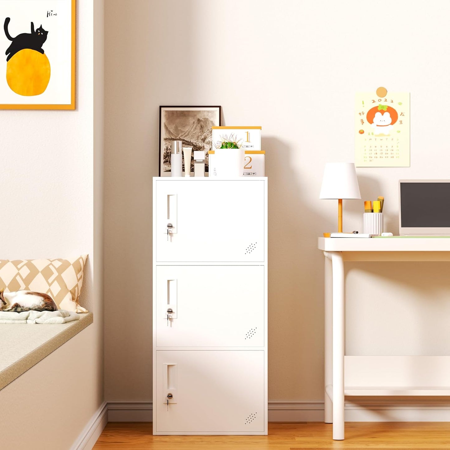 3 Door Vertical Stackable Storage Cabinet with Lock,Anti-Failing Device, Metal Lcoker,Organizer for Office, Home, Gym, School,Employee,Kids. (White)