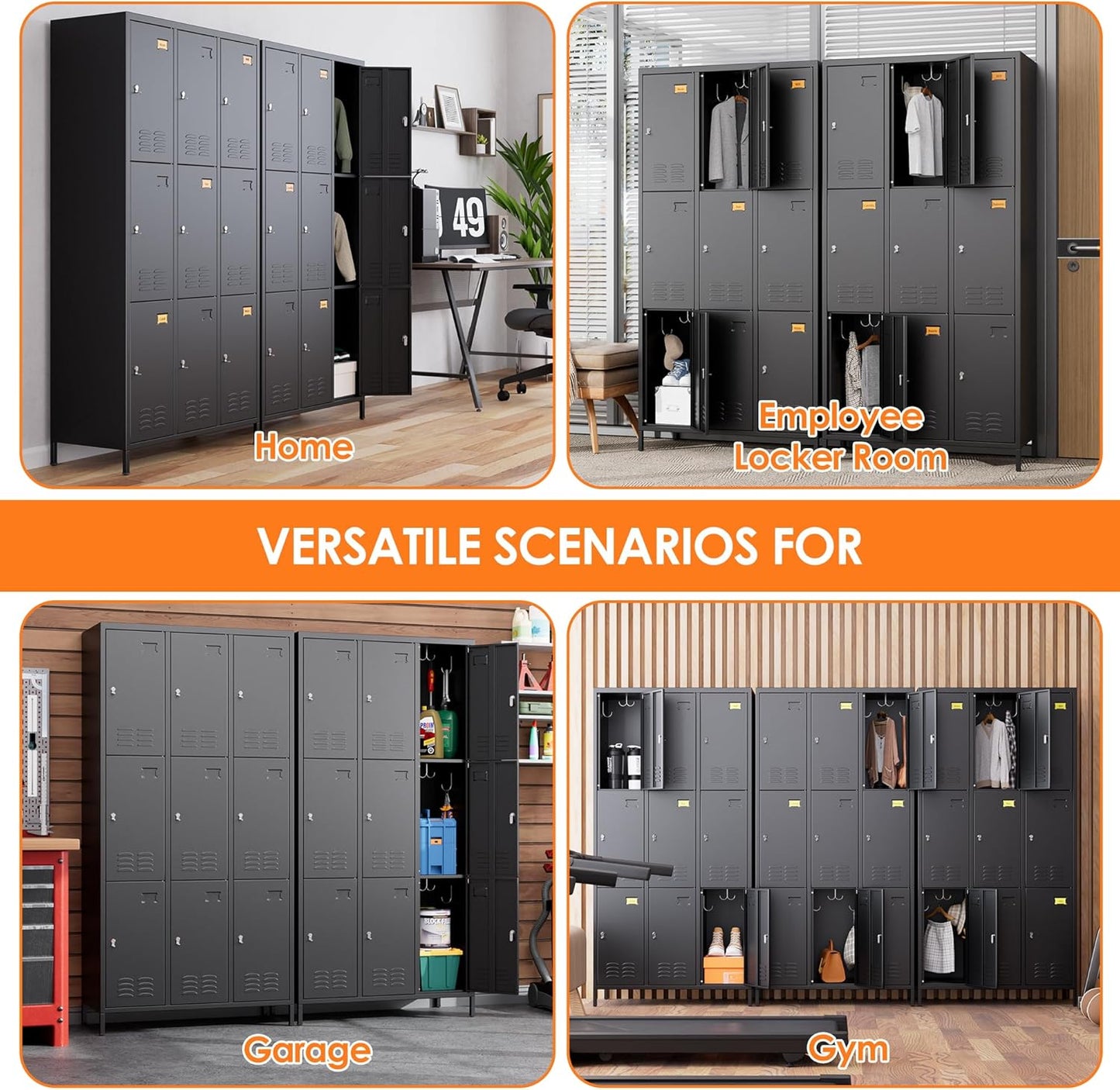9 Doors Metal Lockers for Employees with 27 Hooks, Storage Locker with Business Card Holder for Office Gym School Bedroom, Assembly Required, Black