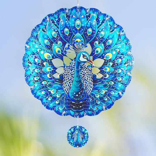 Peacock Gifts for Women, Peacock Wind Spinner Garden Decor, 12 inch 3D Hanging Wind Spinners Outdoor
