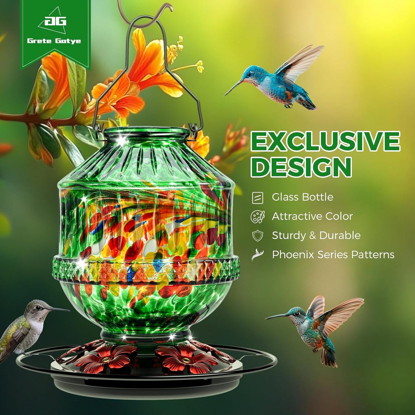 Hand Blown Glass Hummingbird Feeders for Outdoors, 25 Ounces Wild Bird Nectar Feeder with Perch & 5 Flower Feeding Ports Leak Proof Hanging for Garden Backyard Decor, Gifts for Women Mom, Green