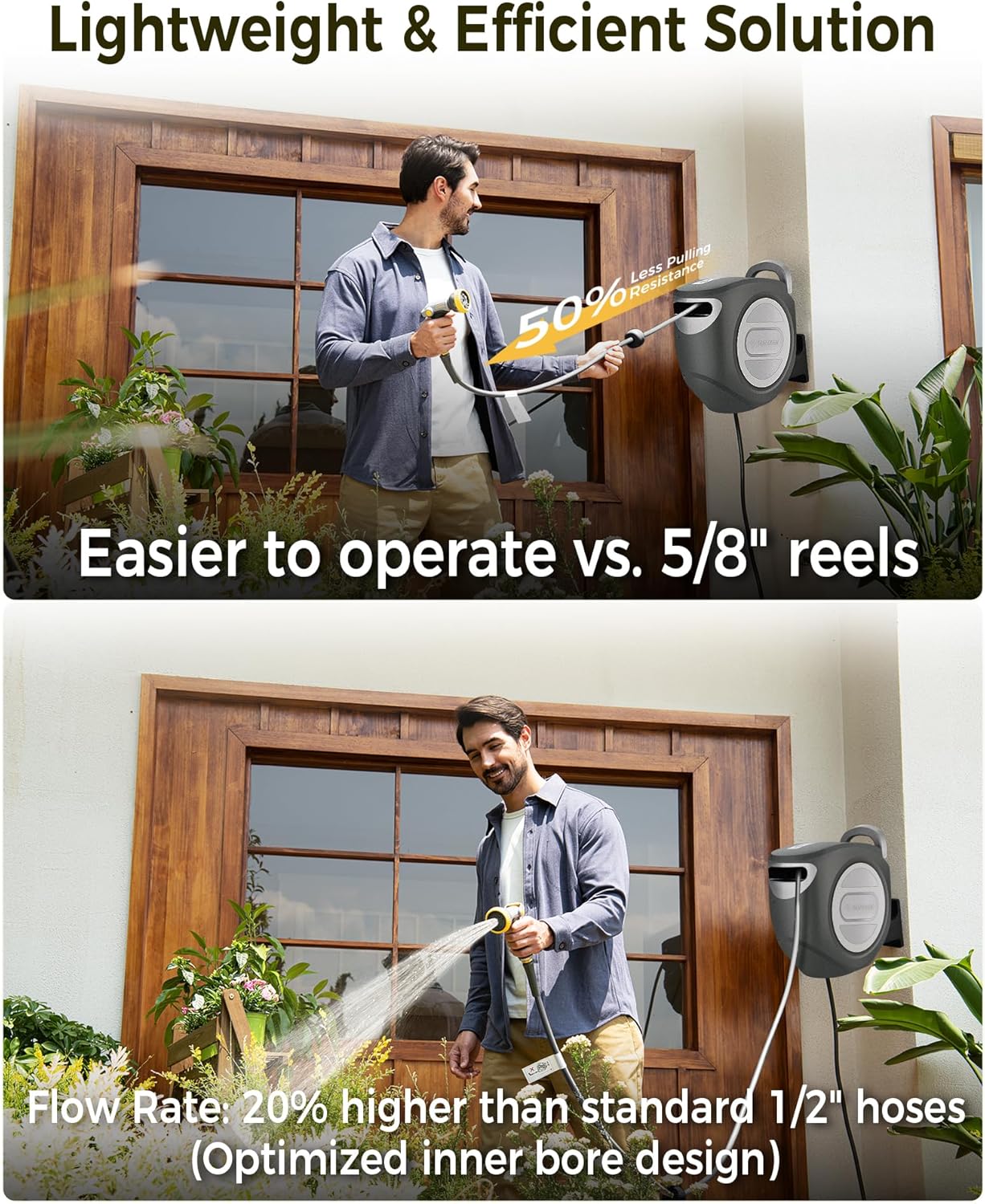 Retractable Garden Hose Reel 1/2 in x 85 ft Upgraded UV Resistant Heavy Duty Automatic Hose Reel Wall Mount 3/4 in Brass Fitting 9 Pattern Nozzle Any Length Lock Slow Retraction