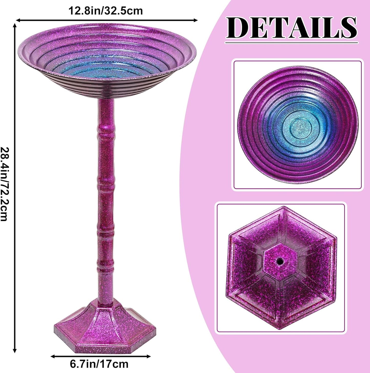 Metal Bird Bath for Outdoors, 28.4" Freestanding Garden Metal Birdbaths with Stable Upgrades Stake, Easy to Clean Birdfeeder for Outside Garden Yard Lawn Decor(Gradient Purple)