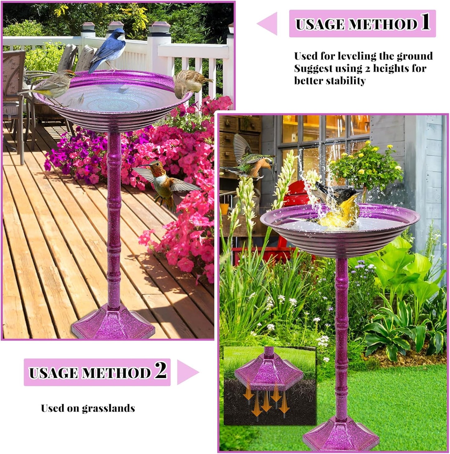 Metal Bird Bath for Outdoors, 28.4" Freestanding Garden Metal Birdbaths with Stable Upgrades Stake, Easy to Clean Birdfeeder for Outside Garden Yard Lawn Decor(Gradient Purple)