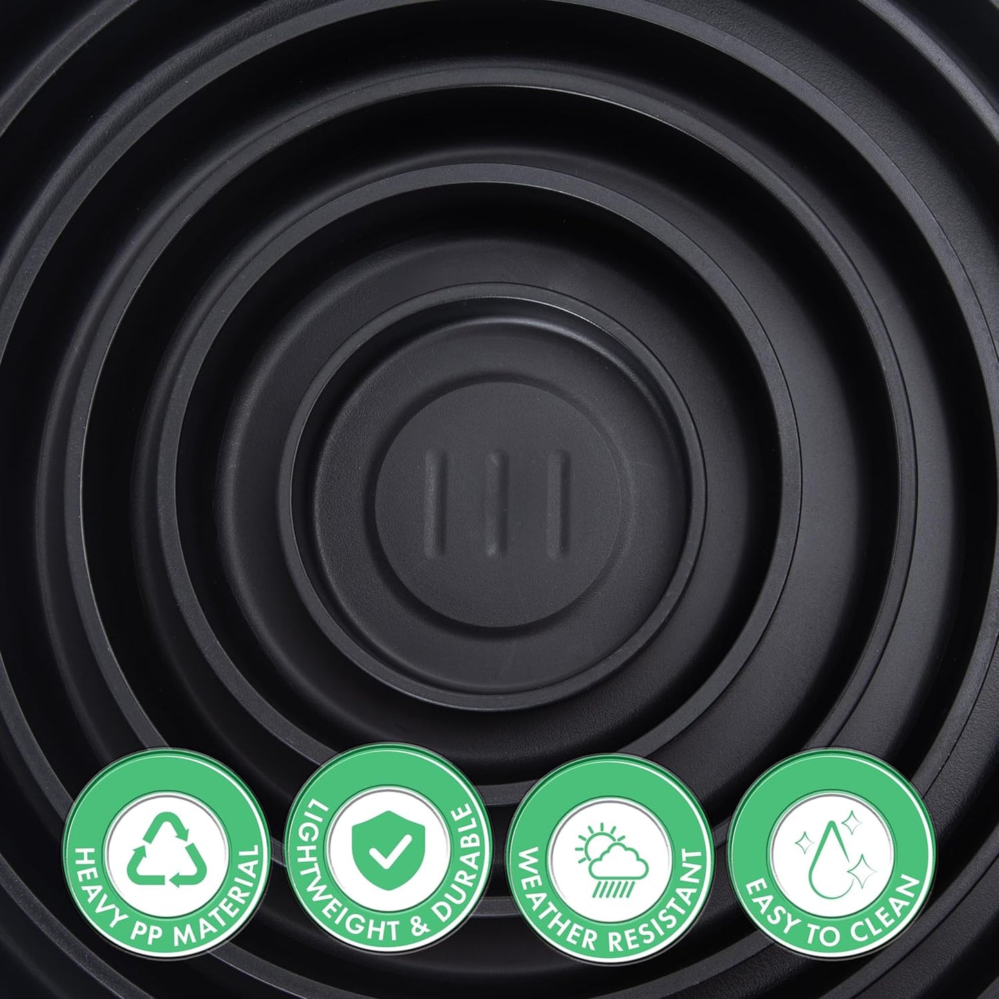 Phoenix Vine 4 Inch Plastic Plant Saucer Water Drip Tray, Heavy Sturdy Round Plant Drainage Tray for Indoors Outdoor, Set of 4, Matte Black, 21-TY-4B-4