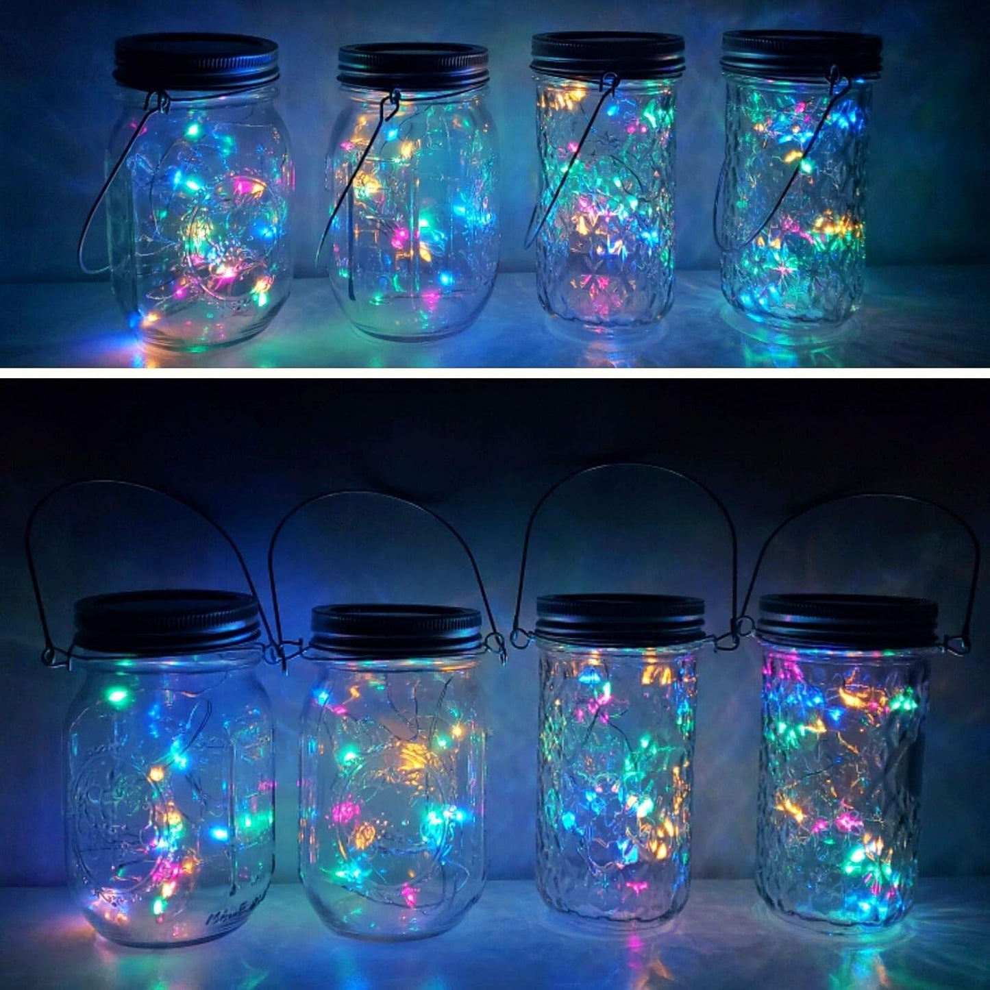 Solar Mason Jar Lid Lights, 8 Pack 20 LED Waterproof Fairy Star Firefly String Lights with (8 Hangers Included,Jars Not Included), for Mason Jar Table Garden Wedding Party Decor (4 Colors)