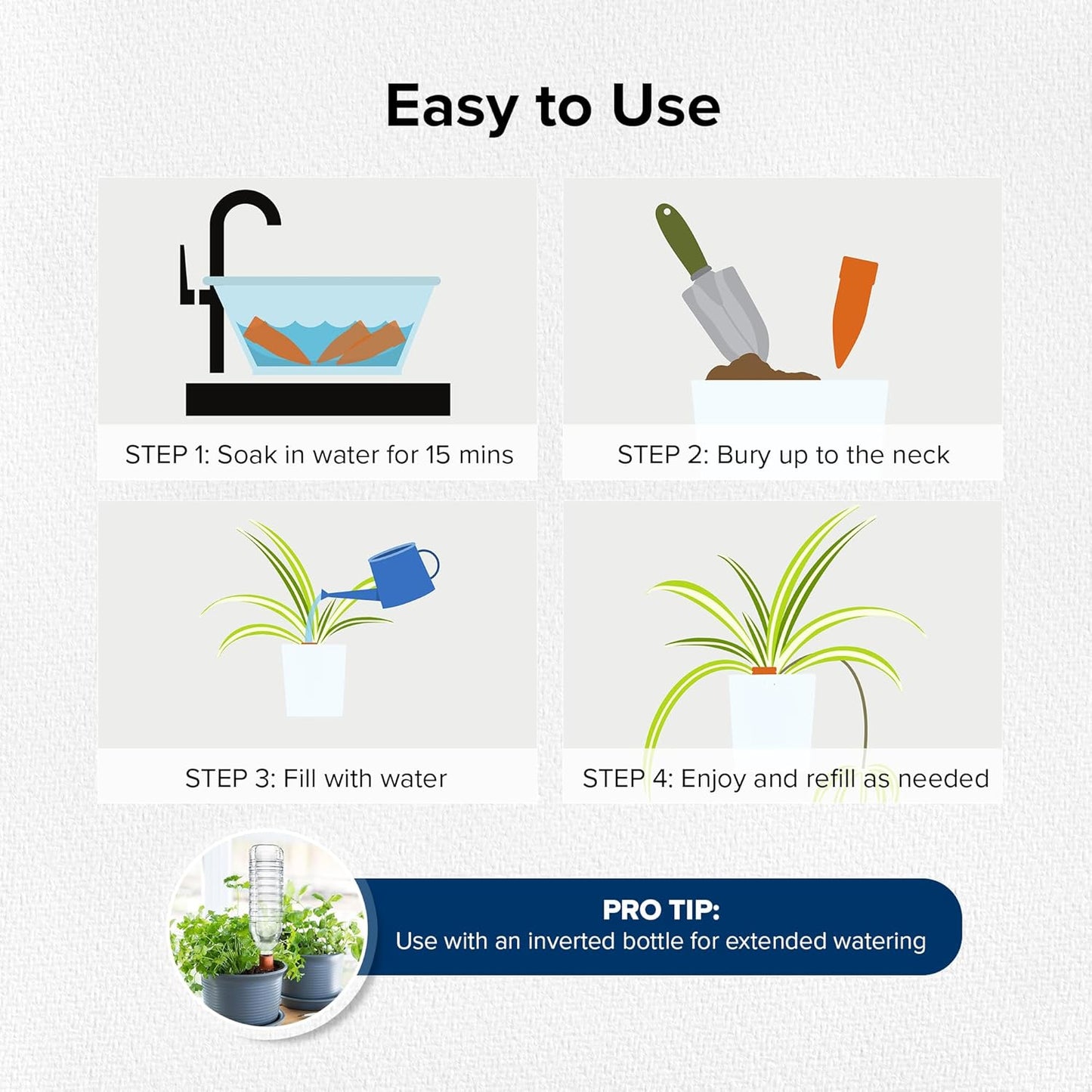 Plant Watering Spikes with Lids - Ideal for 8”-12” Pots - Vacation Friendly - Terracotta - Large - Set of 4