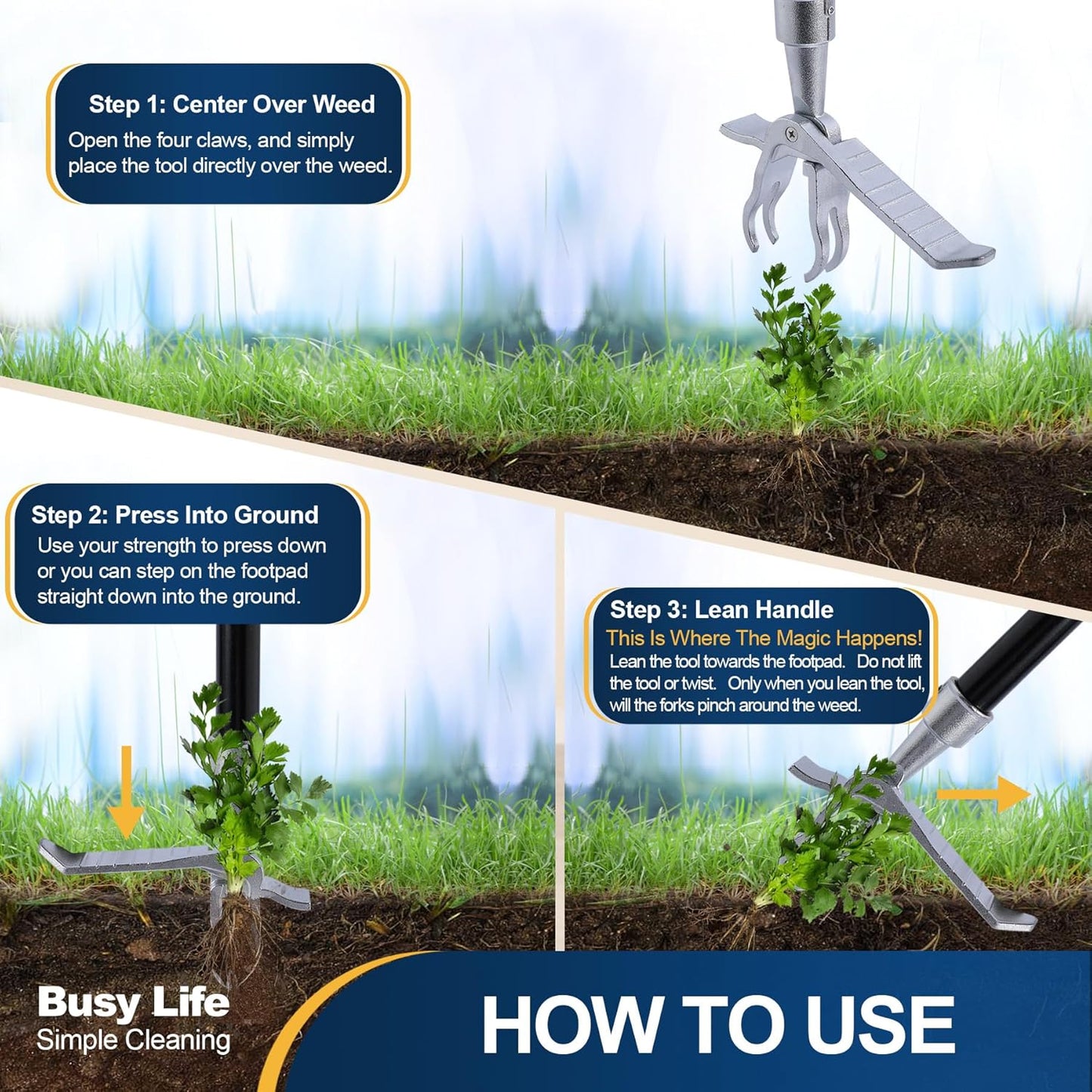 Yocada Stand Up Weed Puller Tool 62.59“ Long Handle 4-Claw Steel Head Design Weeder Stick Easily Remove Weeds Roots Remover for Garden & Lawn Care