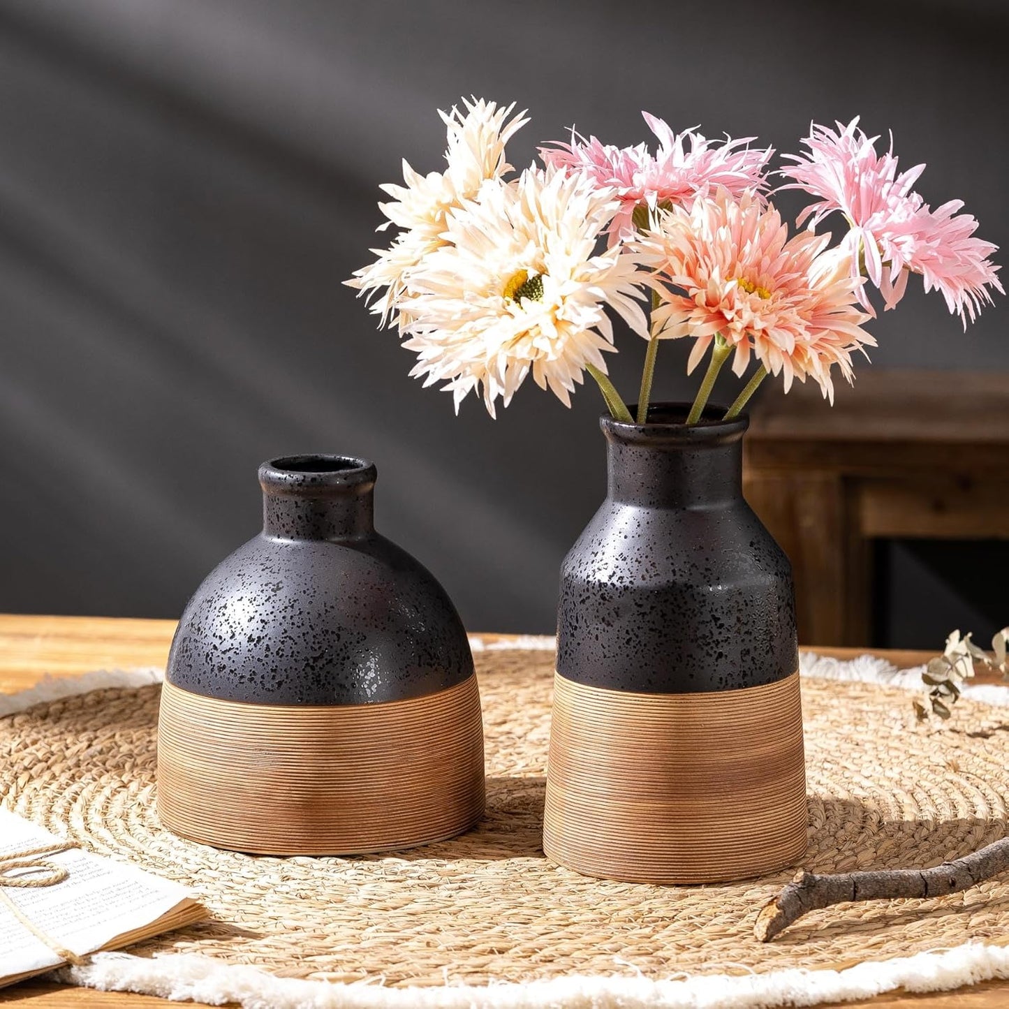 Black and Brown Rustic Farmhouse Floral Ceramic Striped Vase, Modern Antique Decorative Ceramic Flower Vases for Bouquet, Living Room, Bookshelf, Office, Wedding Mother Cottage Core Home Decor 7.7 in