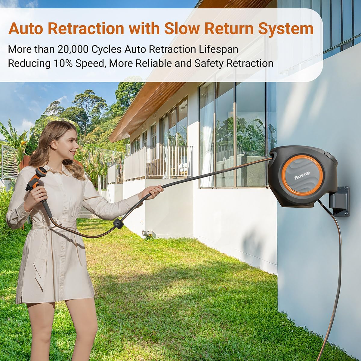 Ruvup Retractable Garden Hose Reel, 5/8in x 100ft Water Hose Reel with Metal Bracket, UV Resistant Automatic Hose Reel Wall Mount for Outside, Slow Retraction Any Length Lock 10 Spray Nozzle