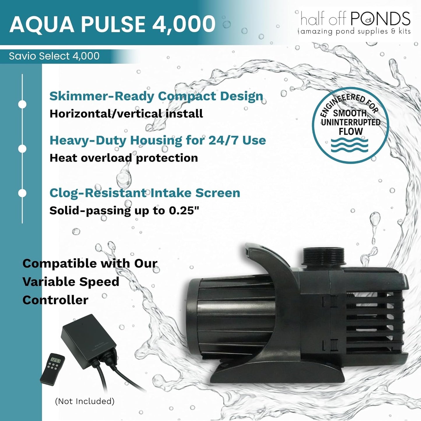 HALF OFF PONDS Savio Select 4,000 GPH Submersible Pump Pond Kit with 20' x 25' PVC Plastic Pond Liner for Water Garden & Koi Pond