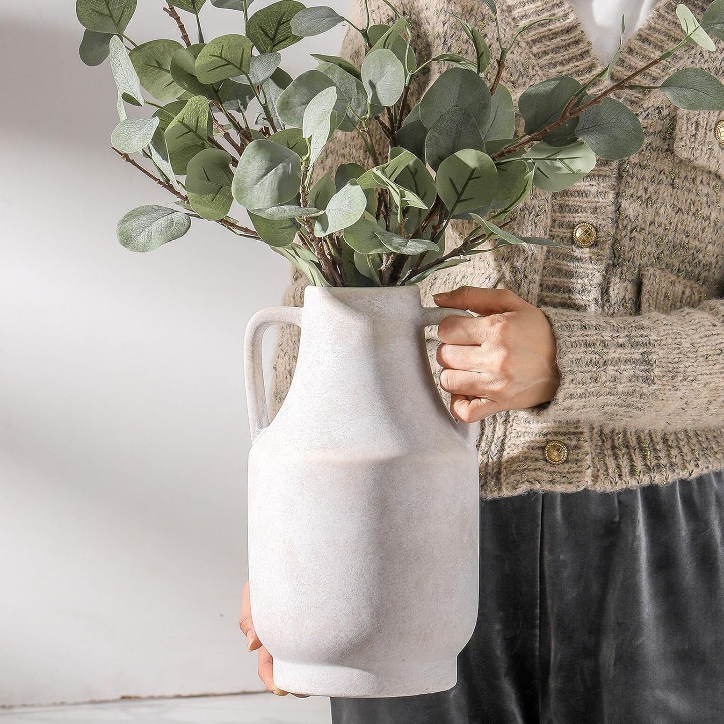 Mitt&Ditt Ceramic Flower Vase with Handles, 11 inch Tall Off-White Vase, Large Decorative Terracotta Vases, Farmhouse Rustic Pottery Vases for Home Decor, Living Room, Table