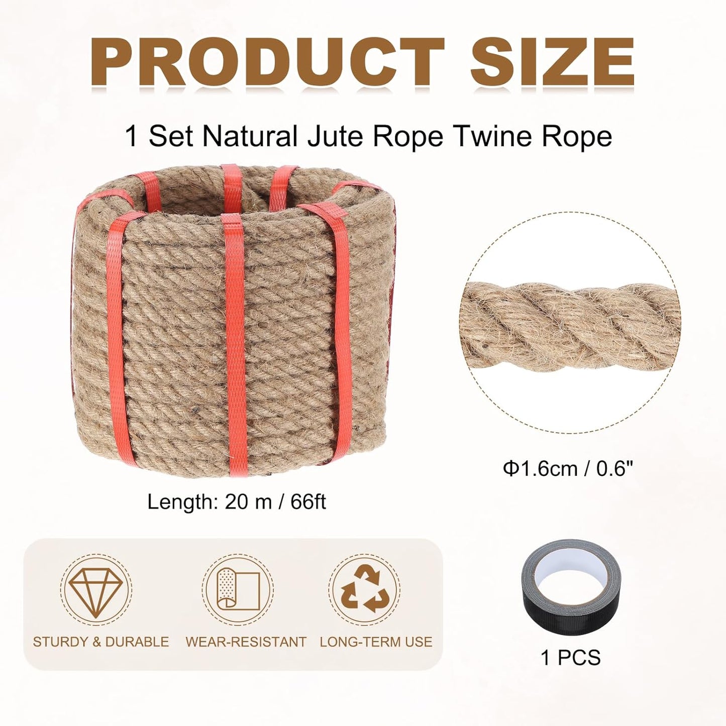 MECCANIXITY Jute Rope 0.6 Inch x 66ft, Thick Twine Rope Ropes Braided Jute Twine Natural Brown Burlap Cord String Heavy Twisted with Tape for Decorative Crafts Railing Swing Tug of War