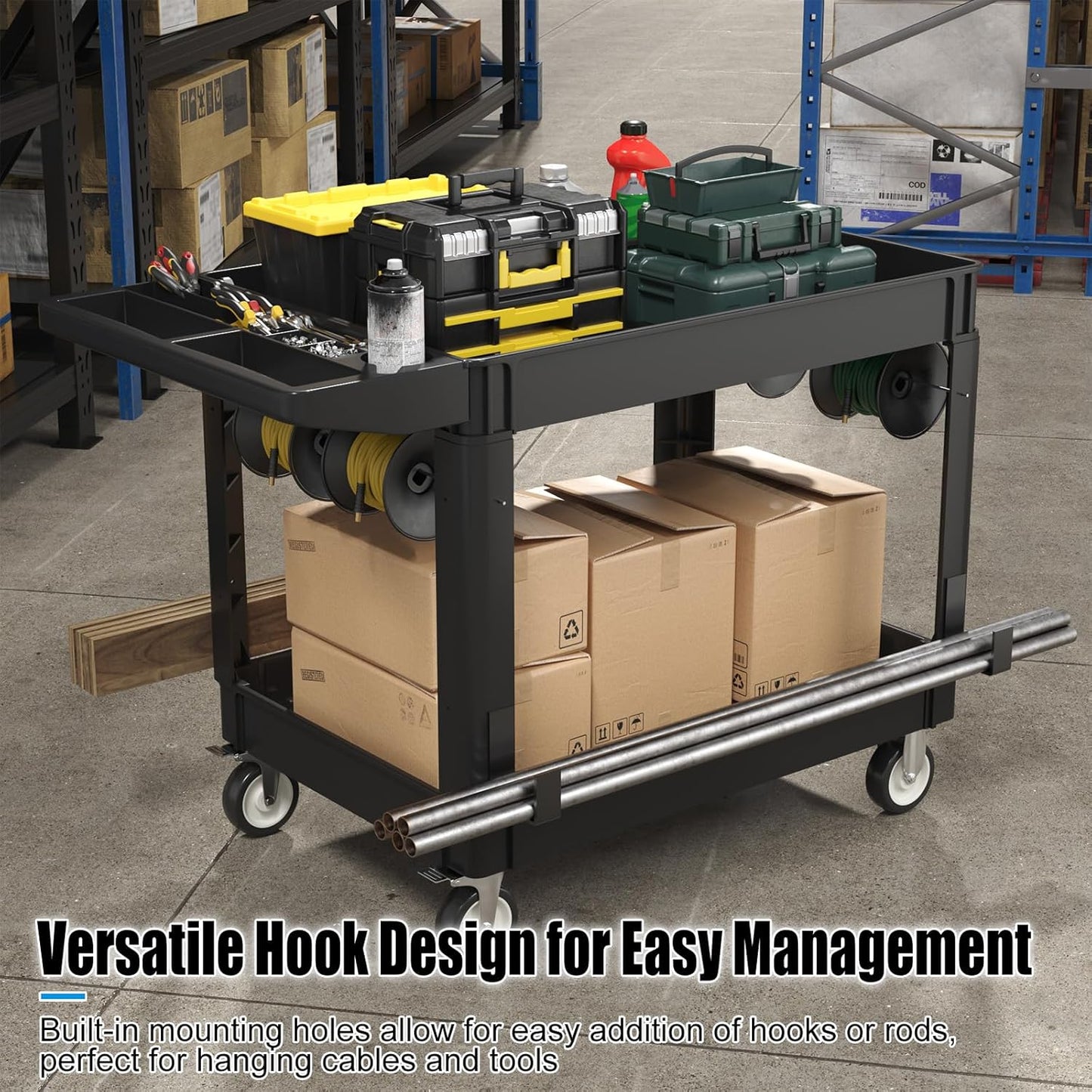 2 Tier Plastic Rolling Cart Utility Cart on Wheels, Heavy Duty Tool Carts with Ergonomic Storage Handle and Deep Shelfs, Work Cart Service Carts for Garage, Warehouse, Workshop, Office, Cleaning