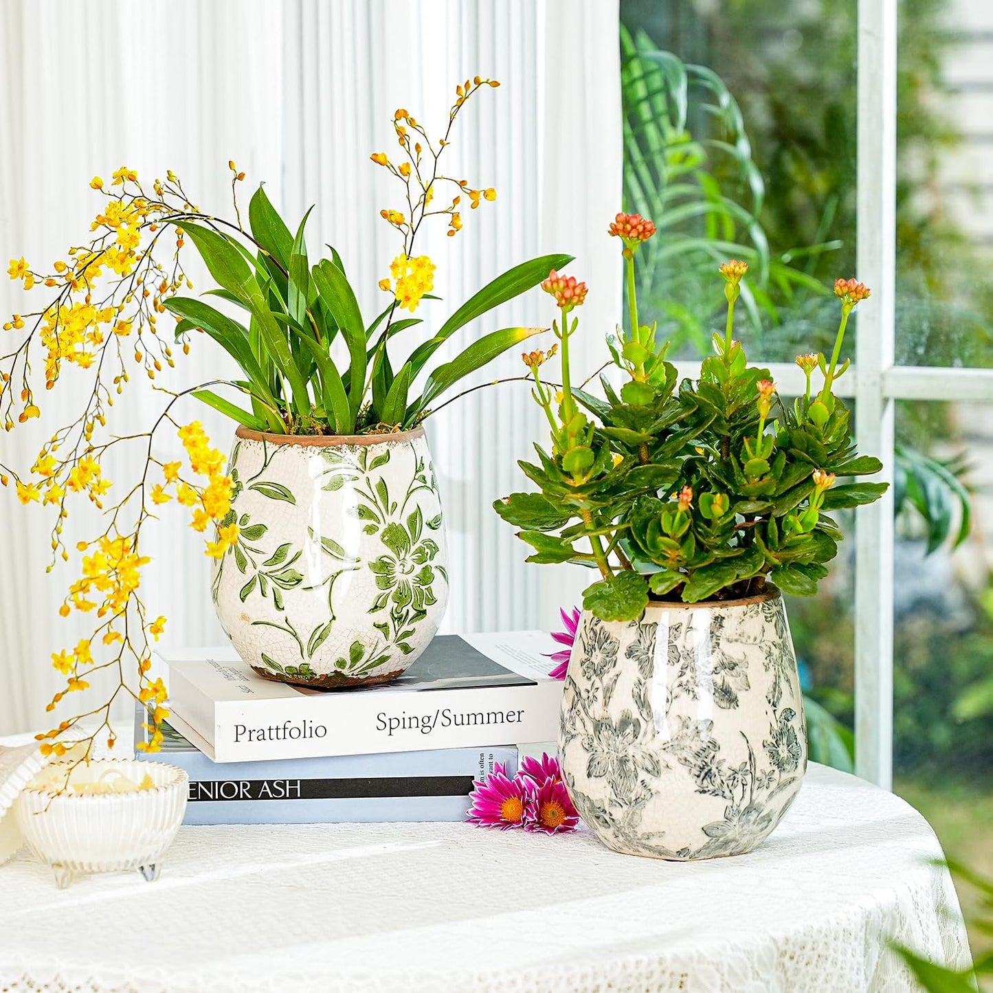 Sungmor Vintage Ceramic Plant Pots, Set of 2 Pretty Ice Cracked Glaze Ceramic Flower Pots, 5.7in. Herb Planters with Drainage Hole, Tuscan Planters for Indoor Outdoor Plants, Home Garden Decor Pot