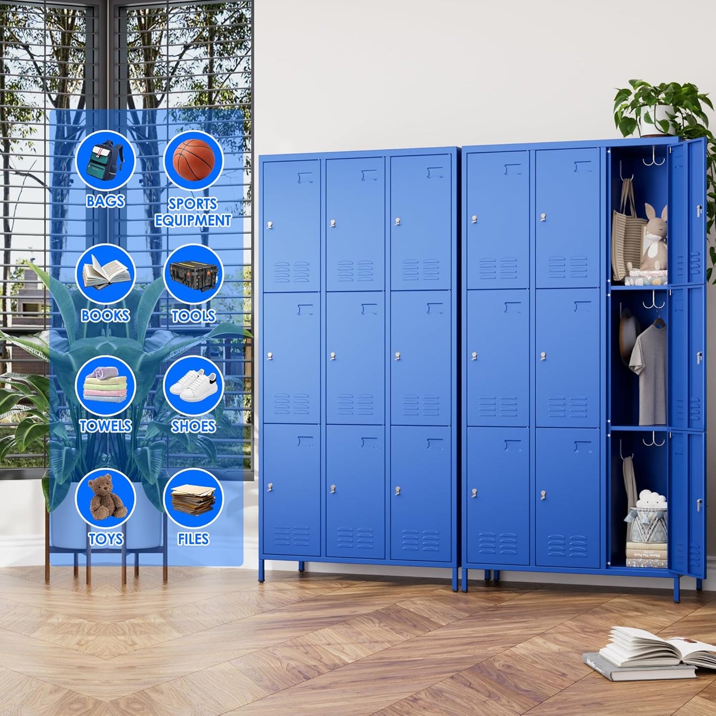 9 Doors Metal Locker for Employees with 27 Hooks and Business Card Holder,Metal Locker with Ventilation Holes for School Garage Office Gym Home,Assembly Required,Blue