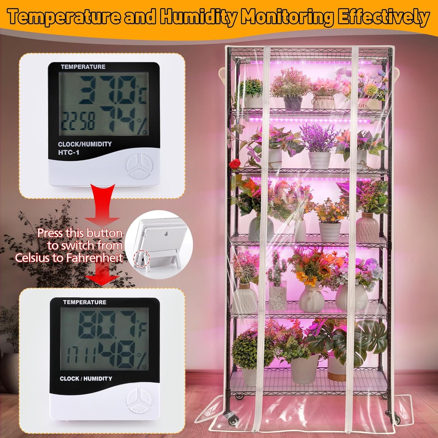 Meonum Plant Shelf with Grow Lights, 6 Tier DIY Metal Grow Rack with 90W LED Growing Lamps for Seed Starting, Indoor Greenhouse with Cover, Mechanical Timer, Thermometer, pH Meter, PP Waterproof Pads