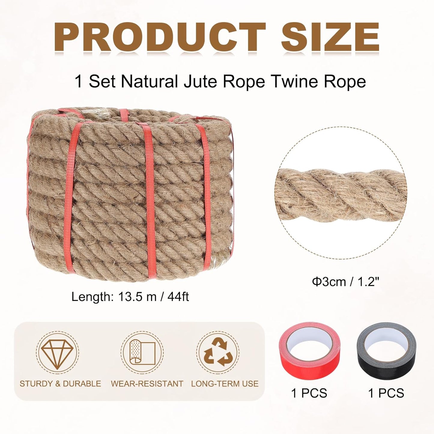 MECCANIXITY Jute Rope 1.2 Inch x 44ft, Thick Twine Rope Ropes Braided Jute Twine Natural Brown Burlap Cord String Heavy Twisted with Tapes for Decorative Crafts Railing Swing Tug of War